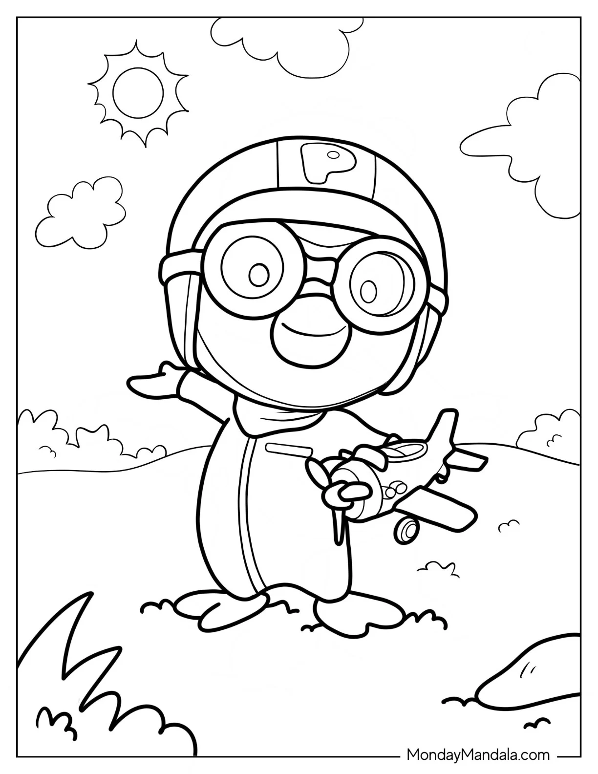 Smiling Pororo Coloring Page Holding Toy Airplane coloring page