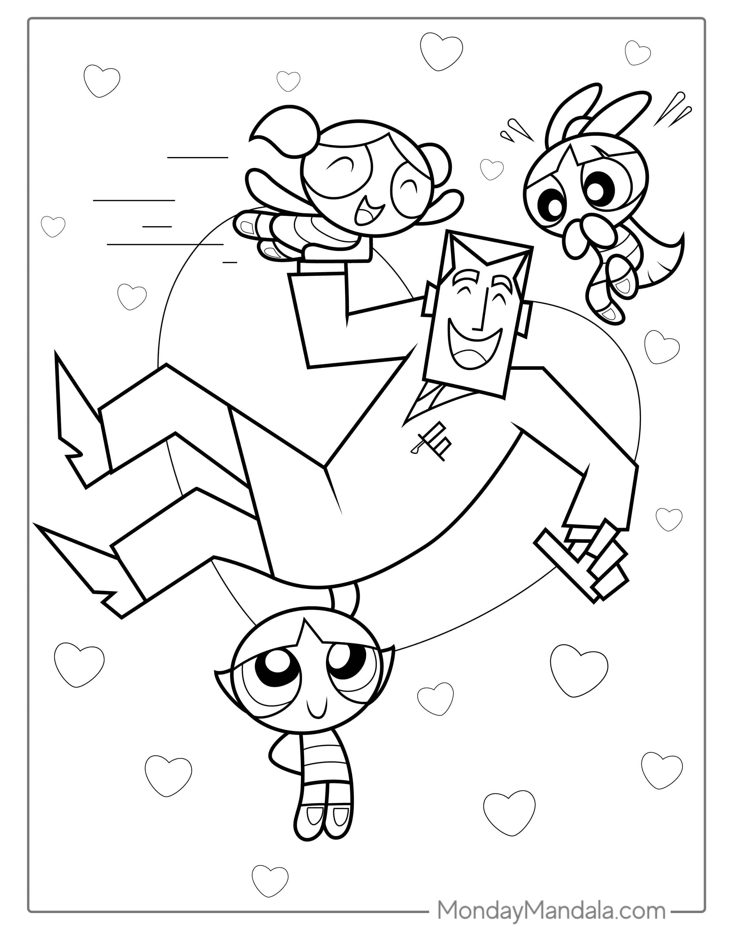 Bubbles, Blossom, And Buttercup With Professor Utonium coloring page
