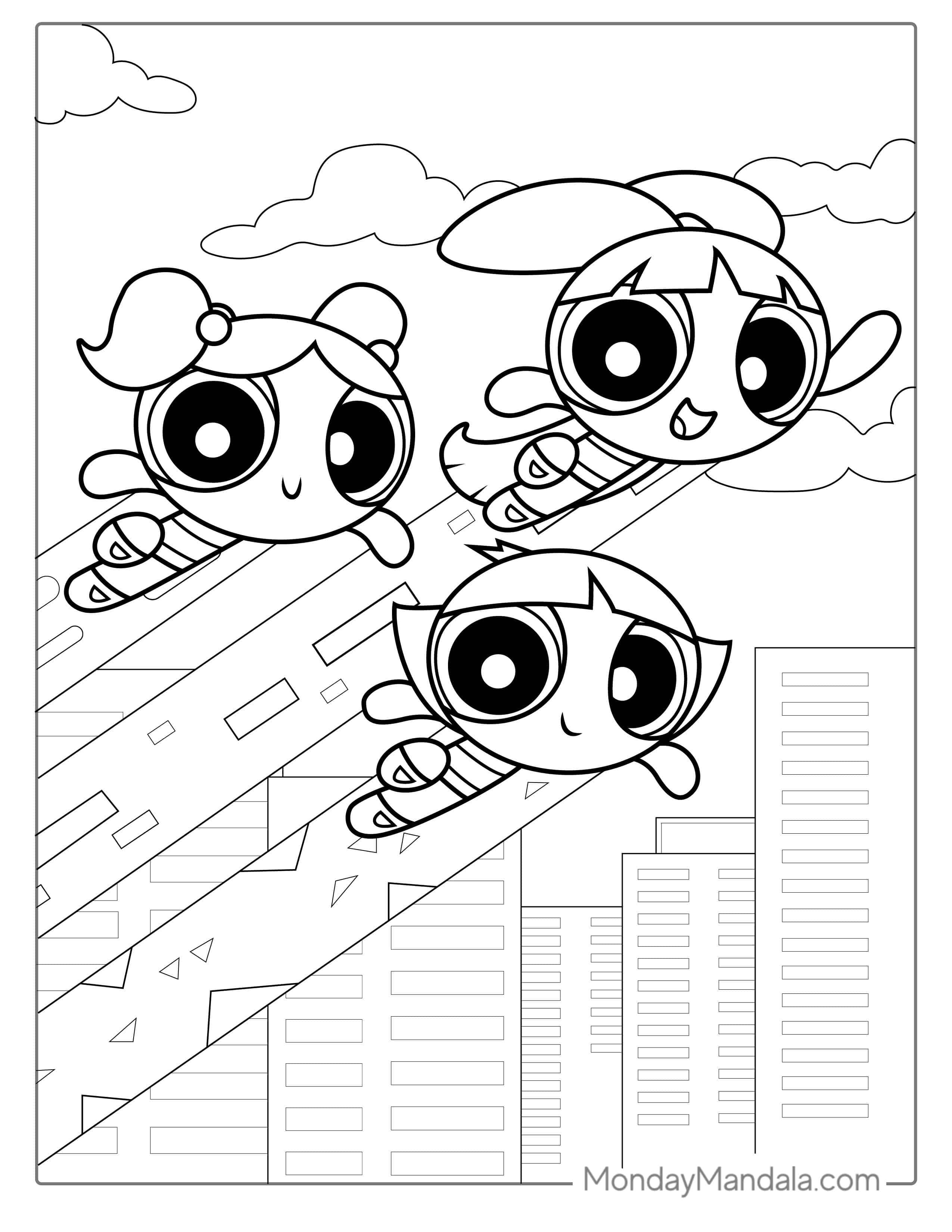 Powerpuff Girls Flying Over City To Color coloring page
