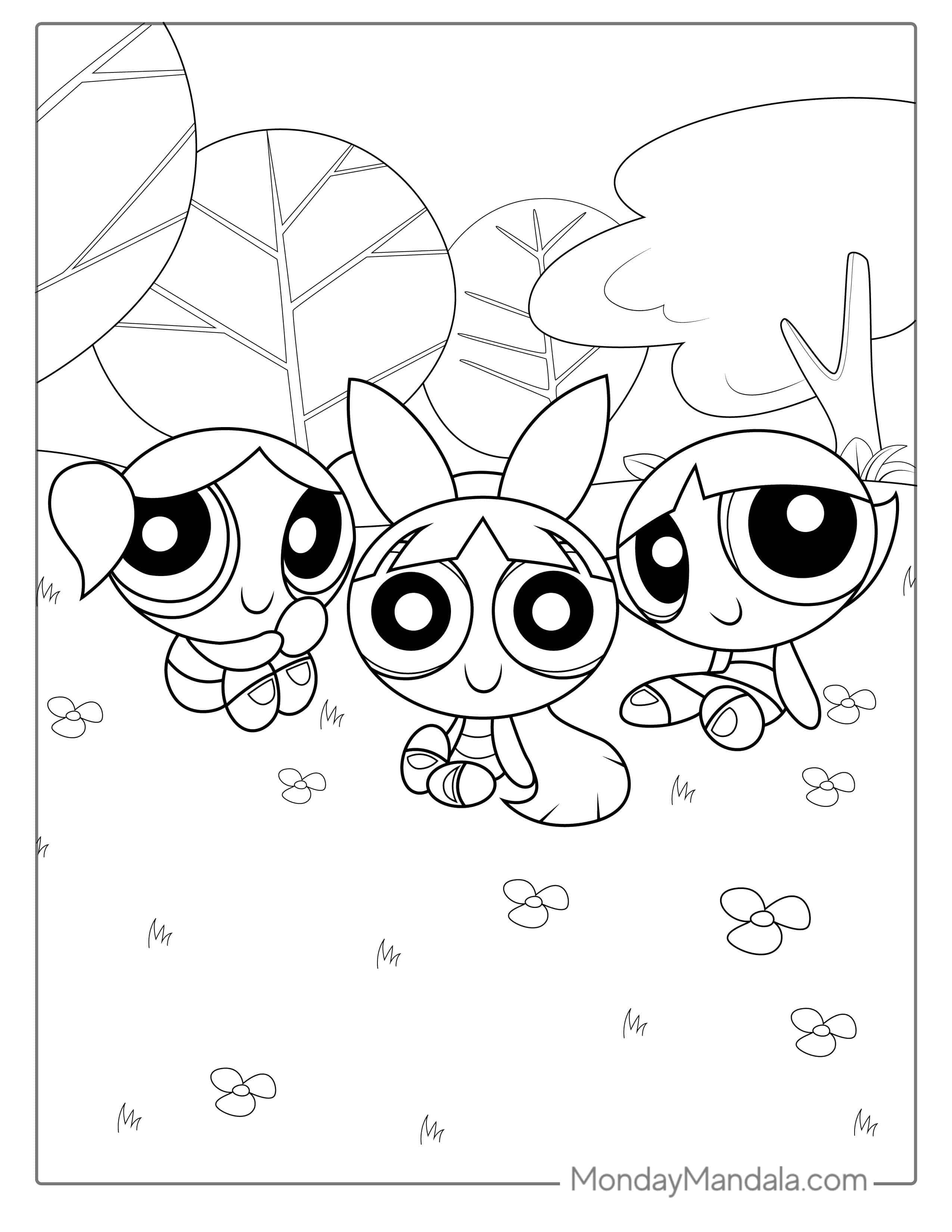 The Powerpuff Girls Sitting In a Park With Flowers coloring page