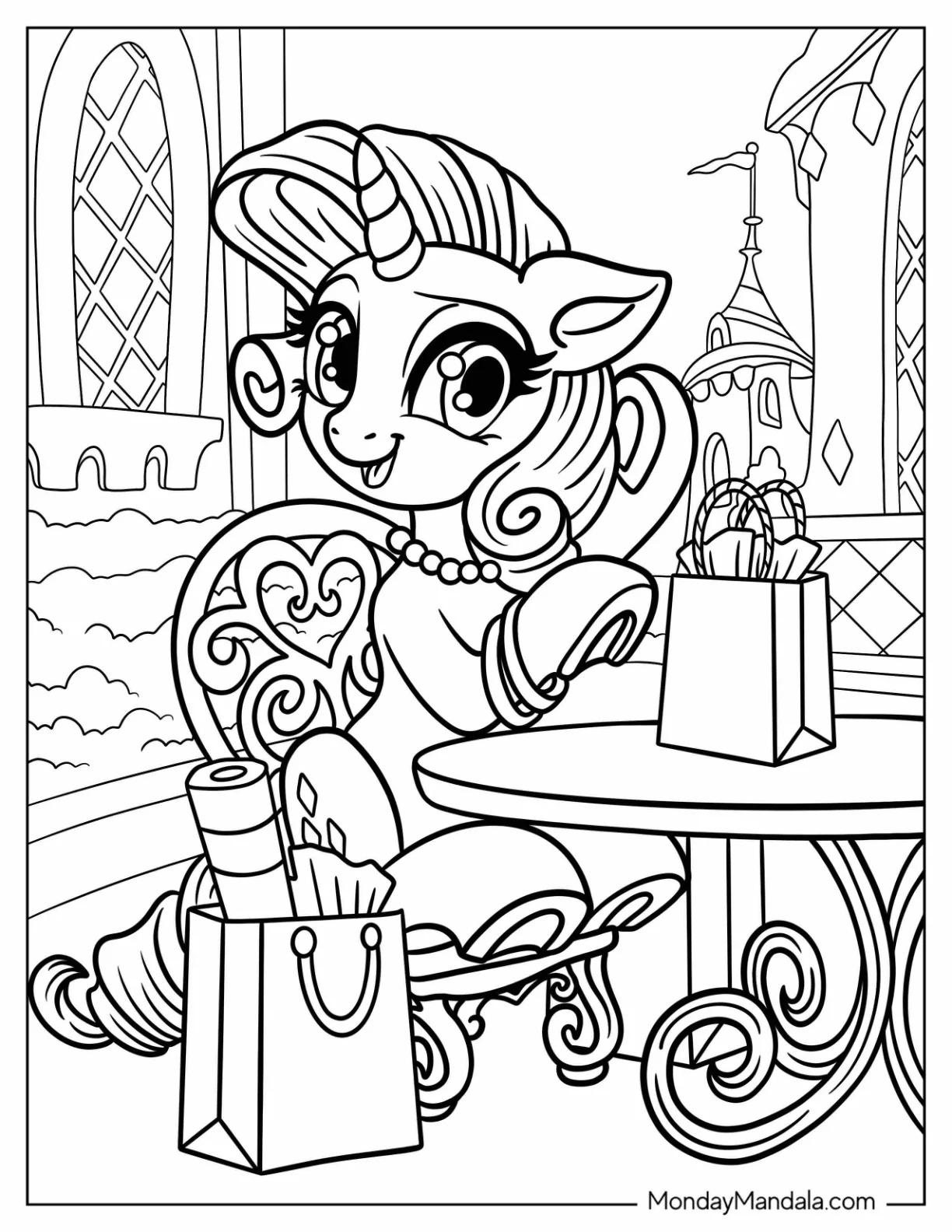 Elegant Rarity Coloring Page In Her Room With Shopping Bags coloring page