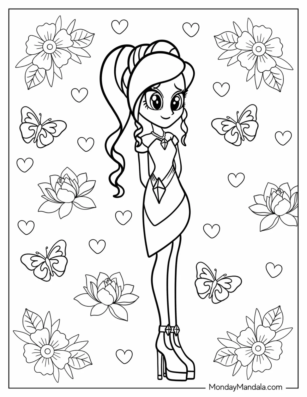 Equestria Girls Rarity Coloring Page With Floral Background coloring page