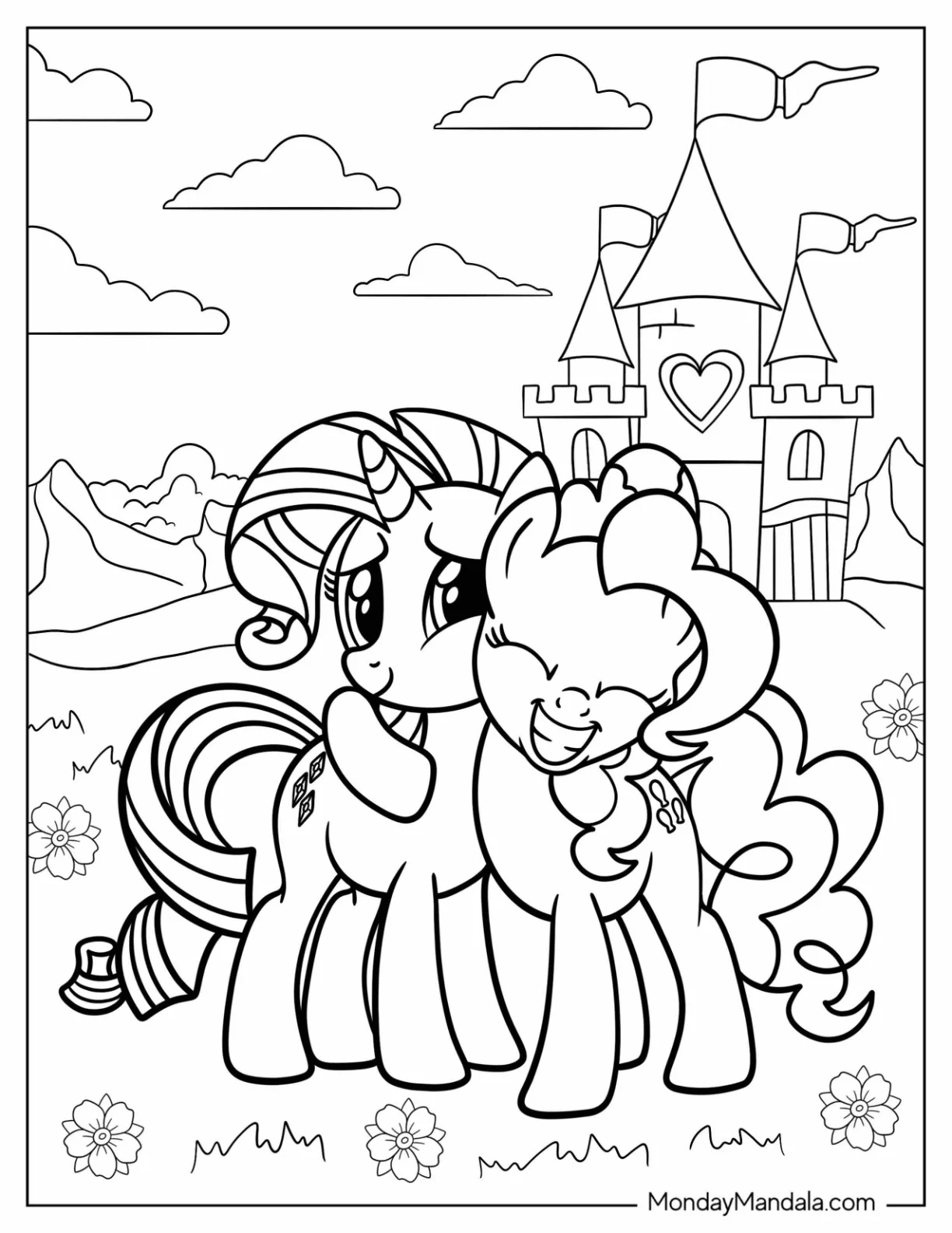 Pinkie Pie Hugging Rarity Coloring Page In Front Of A Castle coloring page