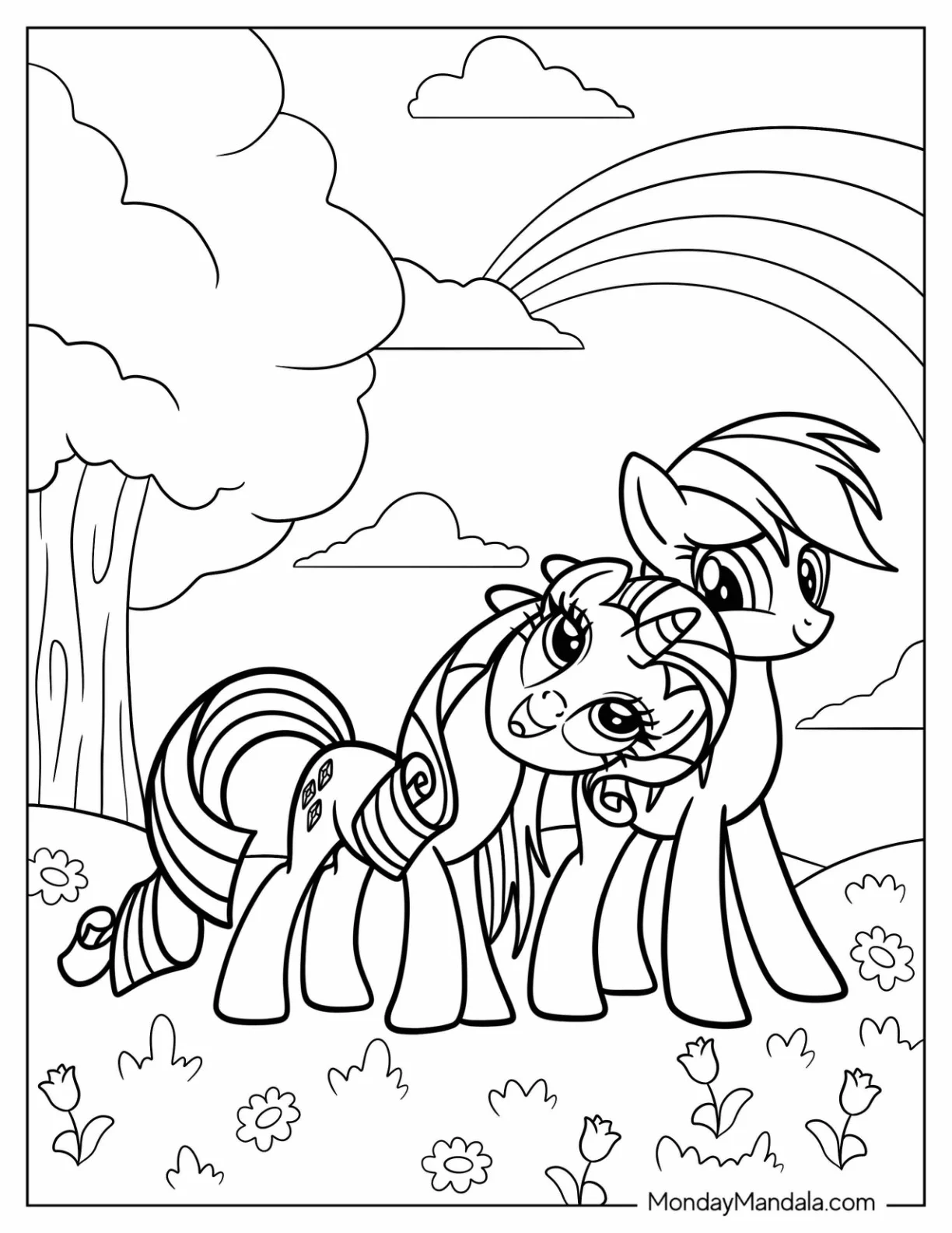 Rainbow Dash Standing On A Flower Field With Rarity Coloring Page coloring page