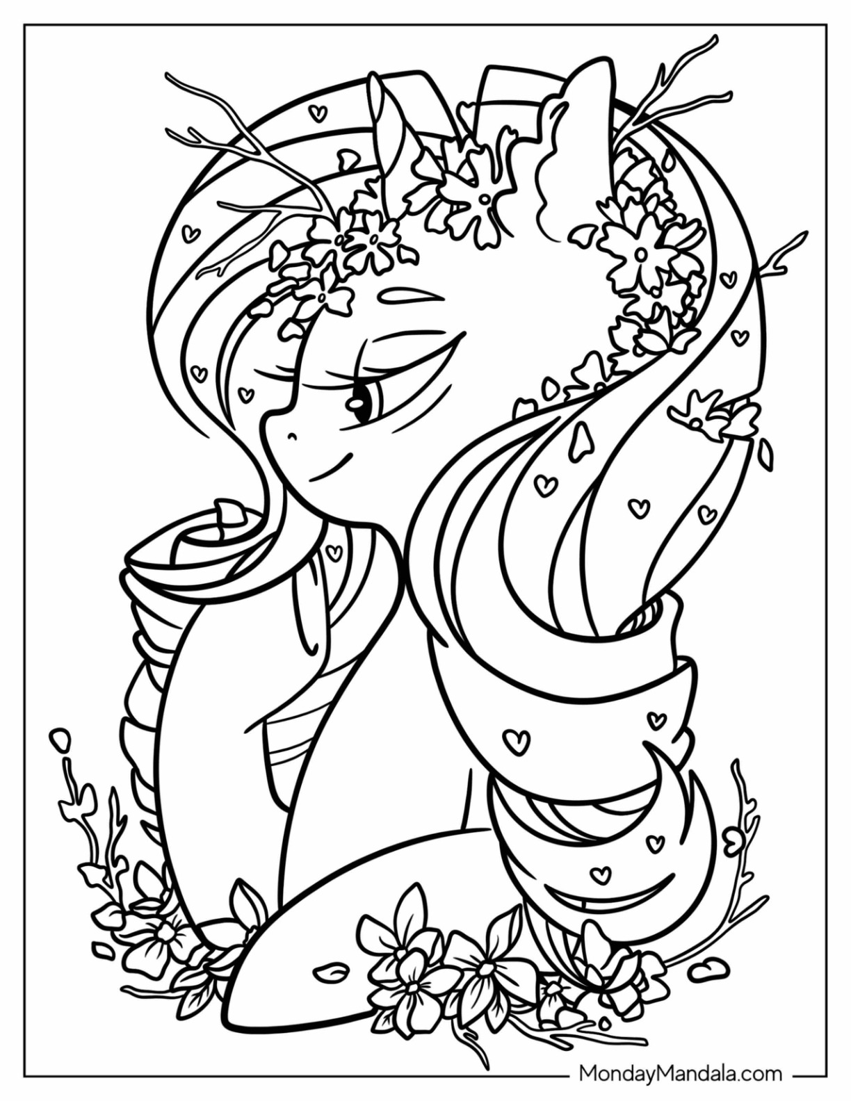 Rarity Coloring Page Covered In Flowers For Kids coloring page