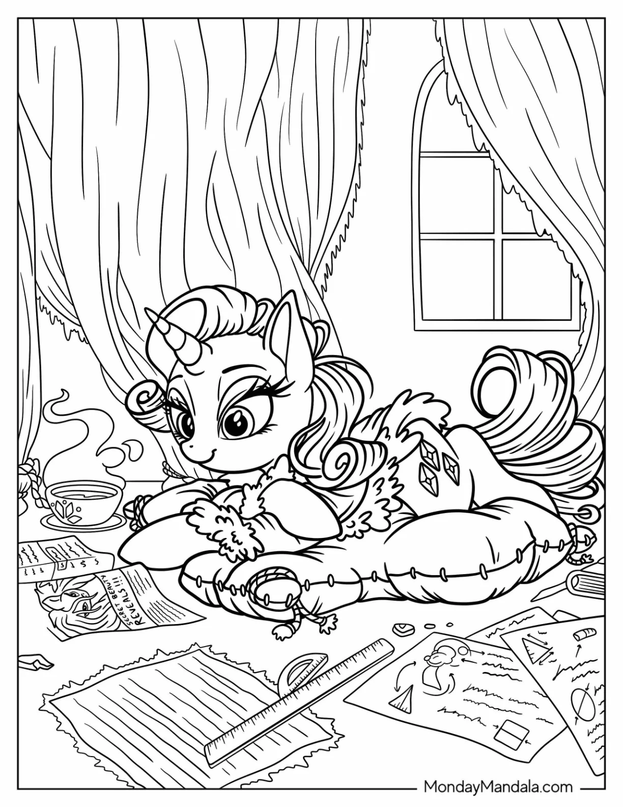 Rarity Coloring Page Reading A Magazine In Her Room coloring page