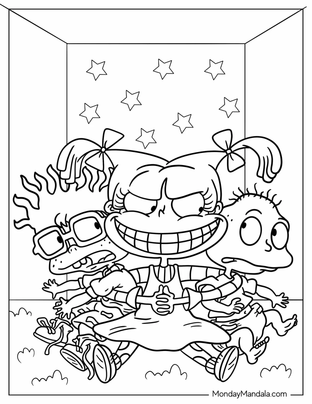 Rugrats Coloring Page Of Angelika Hugging Chuckie And Tommy coloring page