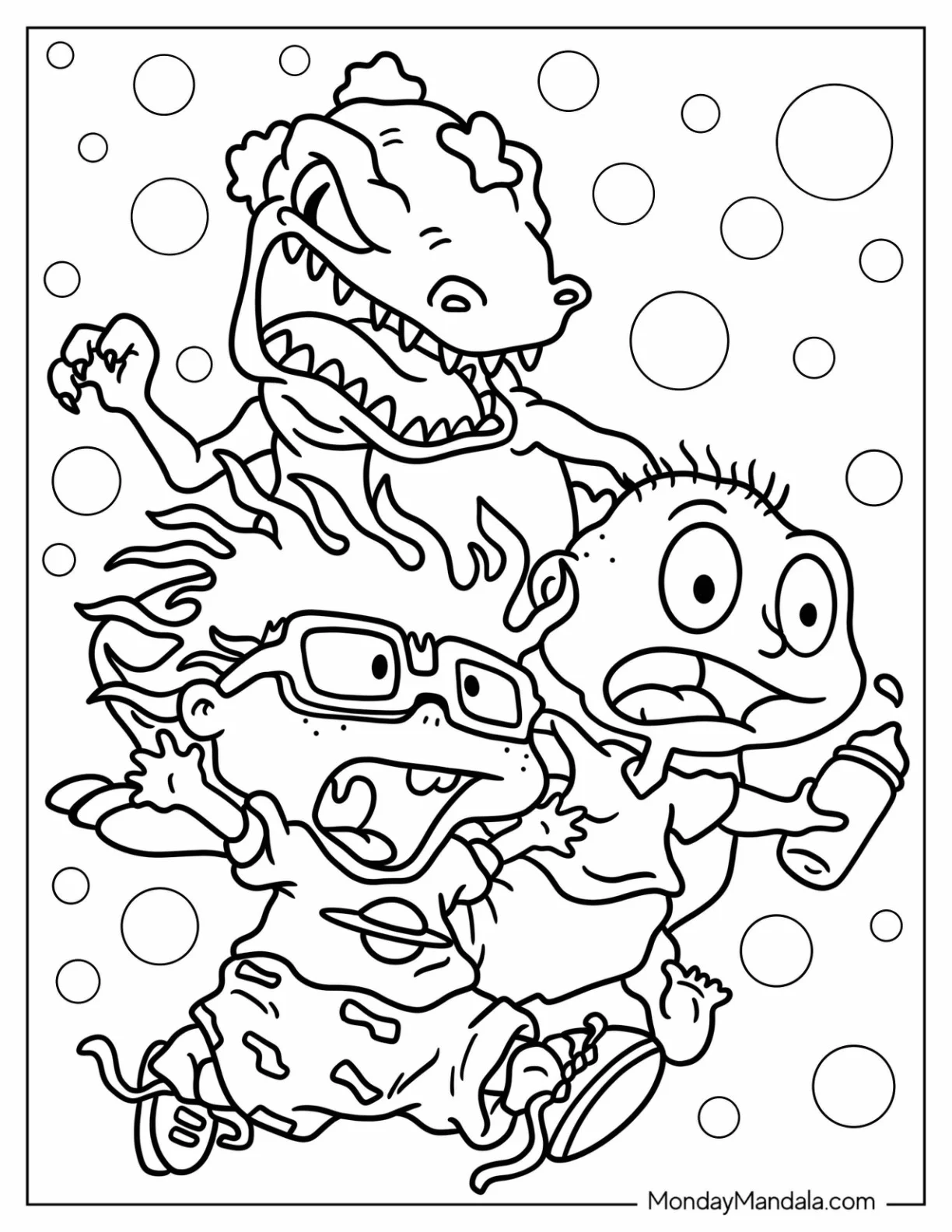 Rugrats Coloring Page Of Reptar Chasing Chuckie And Tommy Rugrats For Kids coloring page