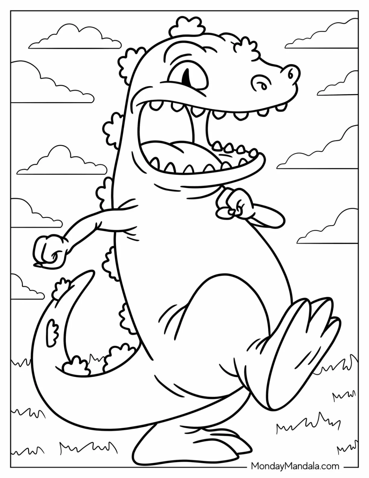 Rugrats Coloring Page Of Reptar The Dinosaur Walking On Grass coloring page