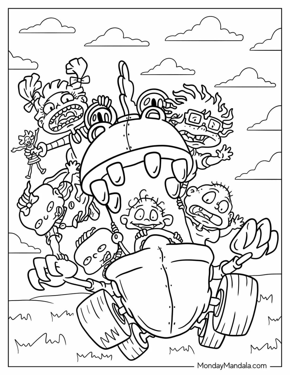 Rugrats Coloring Page Of Rugrats Dil, Tommy, Chuckie, Angelika, Lillian, And Philip On Reptar Car coloring page