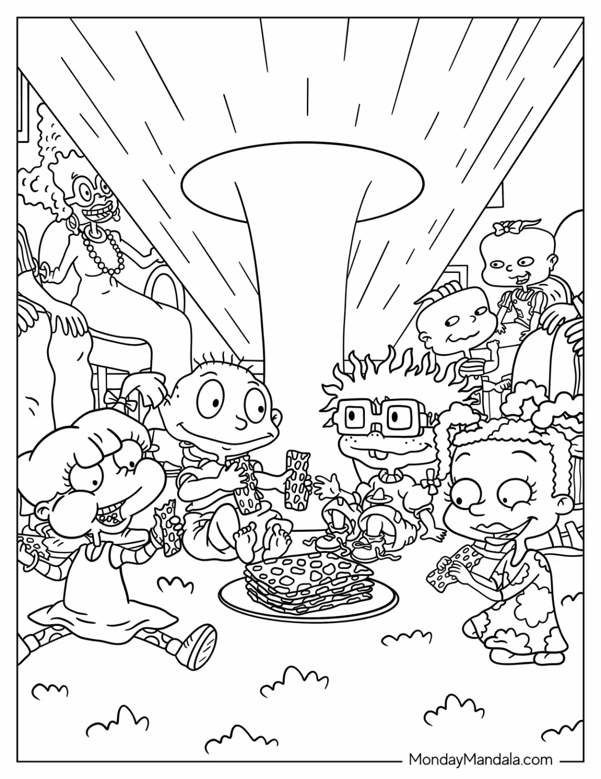 Rugrats Coloring Page Of Rugrats Tommy, Angelika, Chuckie, Susie, Lillian, And Philip In Living Room coloring page