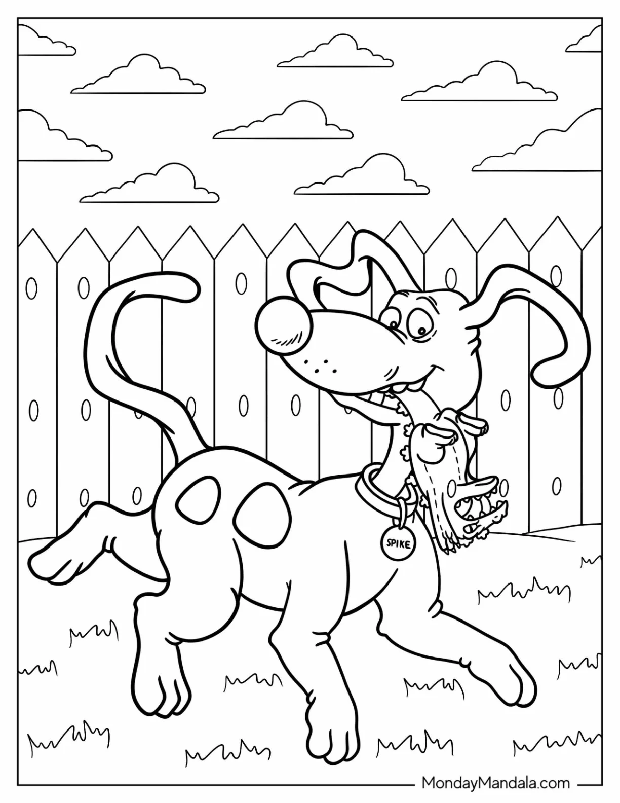 Rugrats Coloring Page Of  Spike Running In Backyard With Toy Reptar coloring page