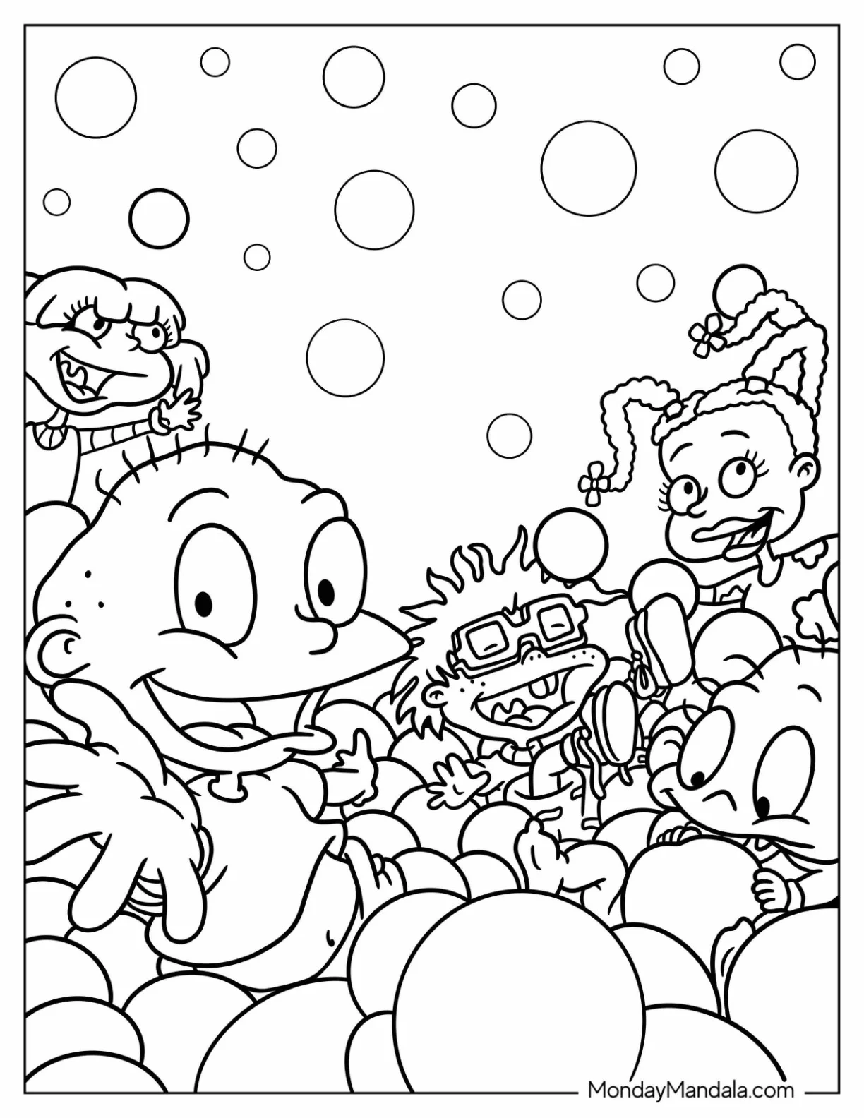 Rugrats Coloring Page Of Tommy, Chuckie, Angelika, Susie, And Dil In Ball Pit coloring page