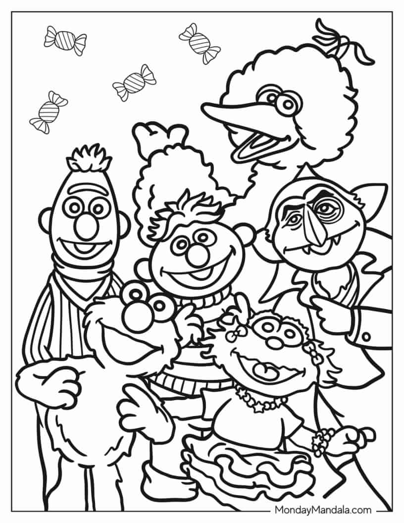 Bert, Elmo, Big Bird, Zoe, Ernie, And Count von Count coloring page