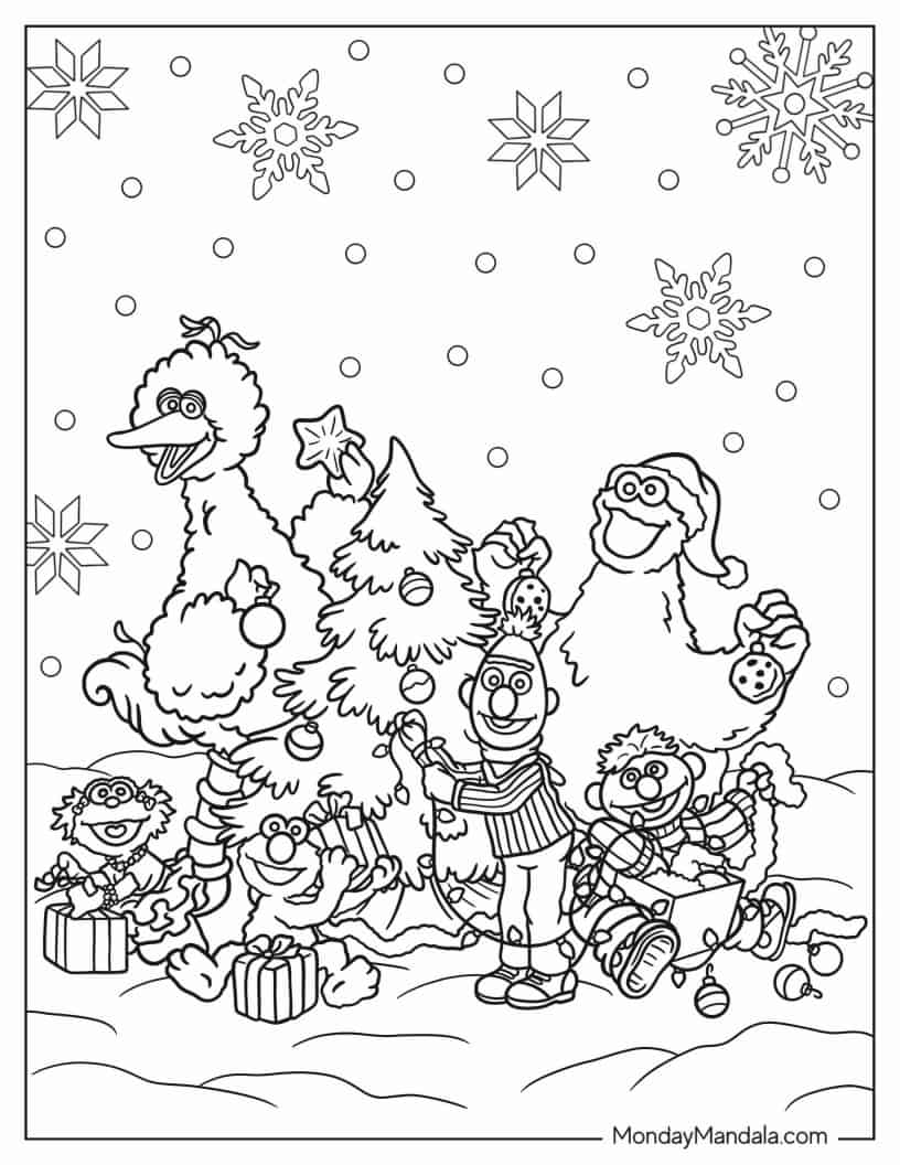 Big Bird, Elmo, Cookie Monster, And Friends Decorating Christmas Tree coloring page