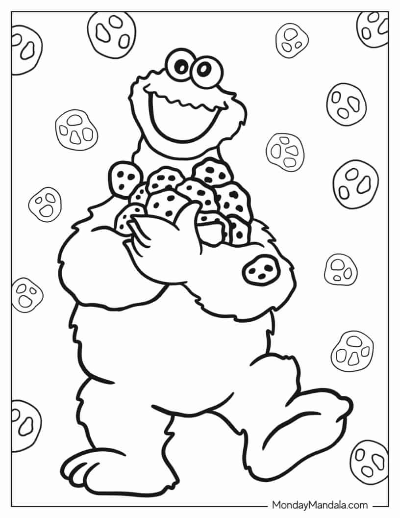 Cute Cookie Monster Holding Pile Of Cookies coloring page — printable line art