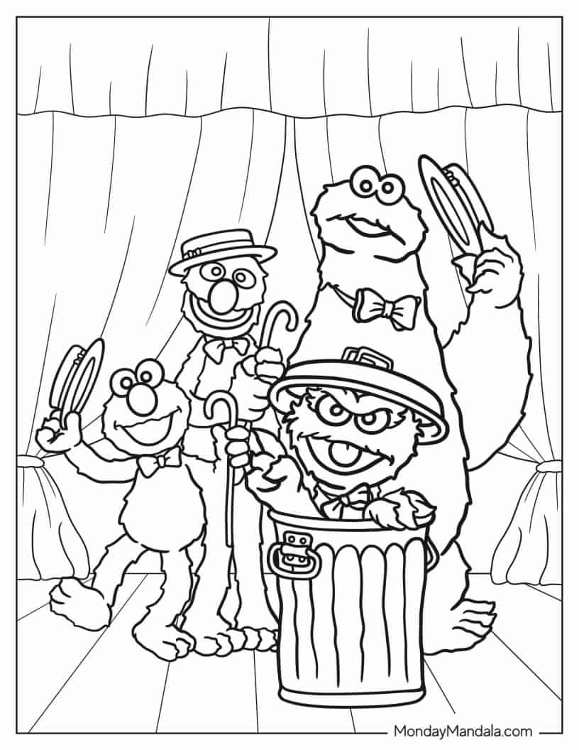 Elmo, Oscar The Grouch, Cookie Monster, And Grover On Stage coloring page