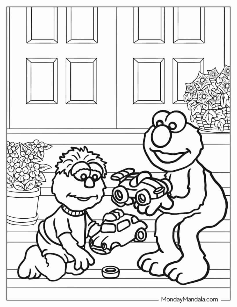 Elmo Playing With Kid Muppet coloring page — printable line art