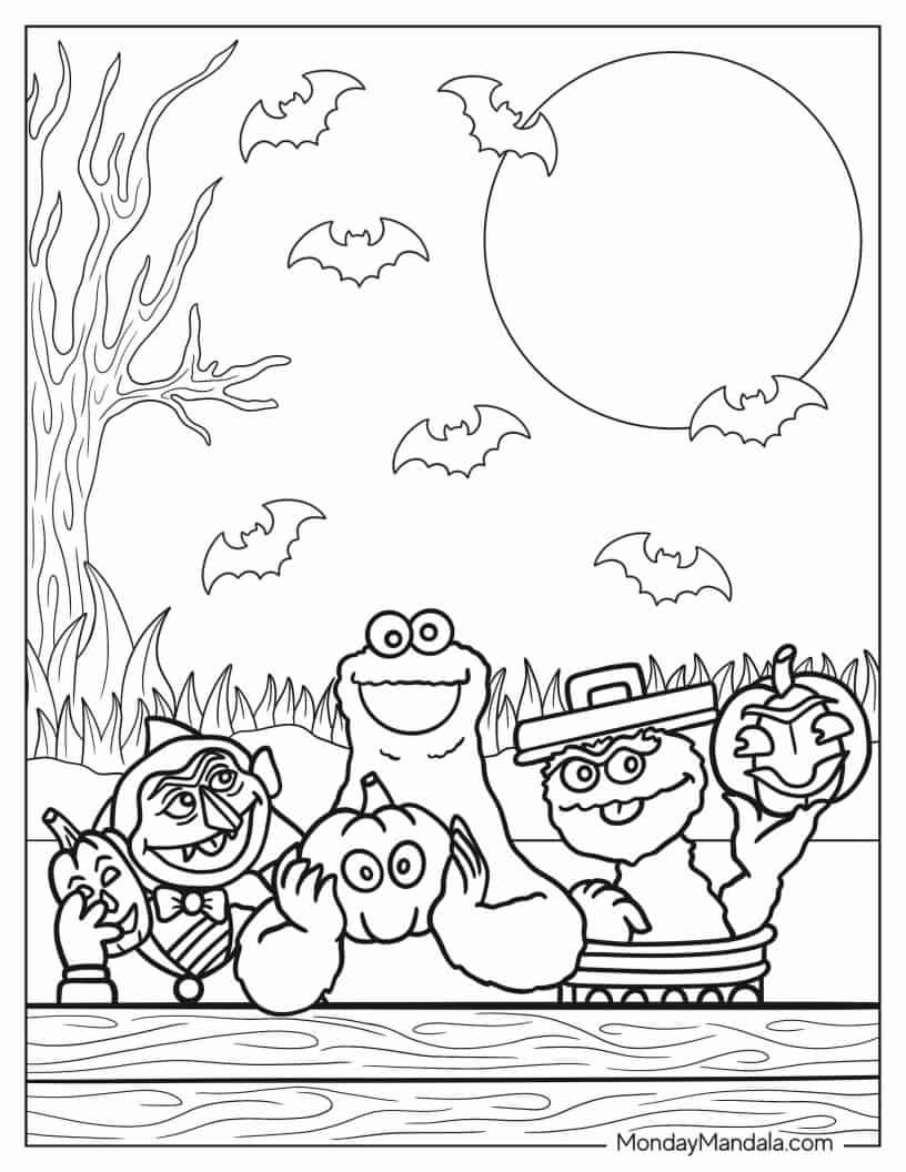 Halloween Sesame Street With Jack-O-Lanterns Coloring Page coloring page