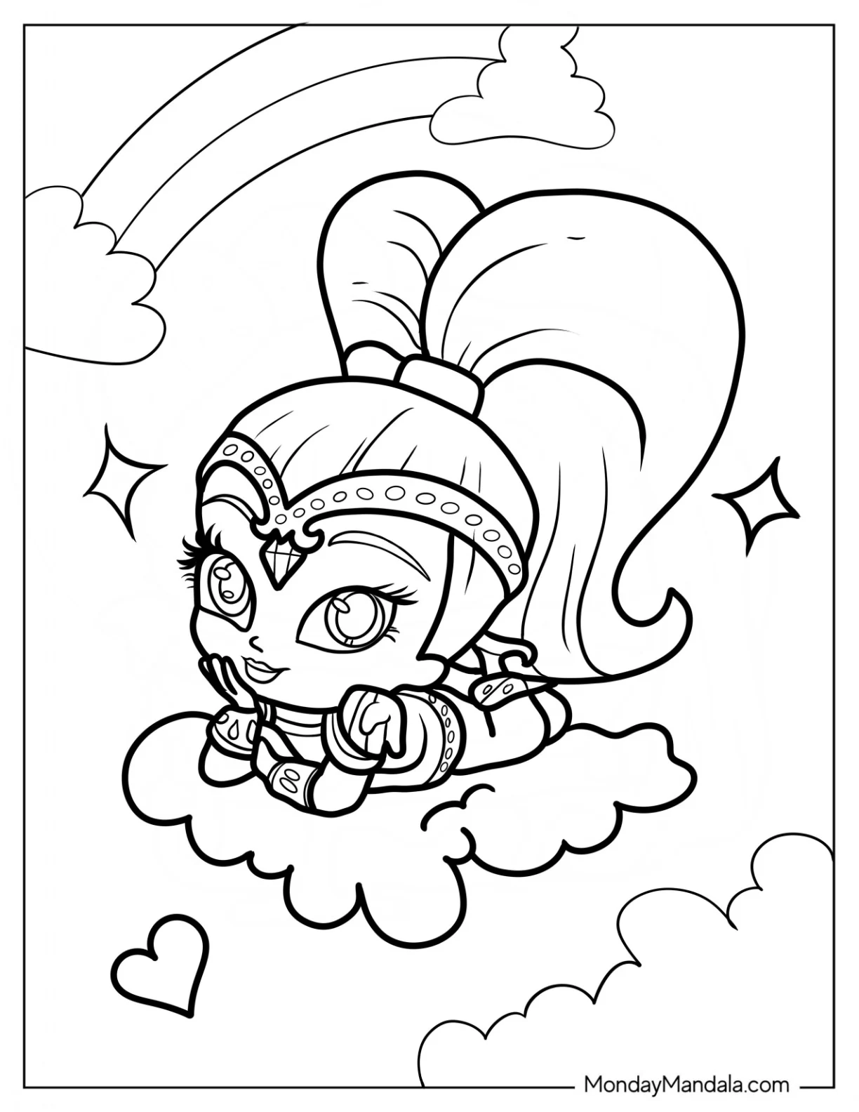 Cute Shimmer And Shine Coloring Page Resting On A Cloud For Preschoolers coloring page