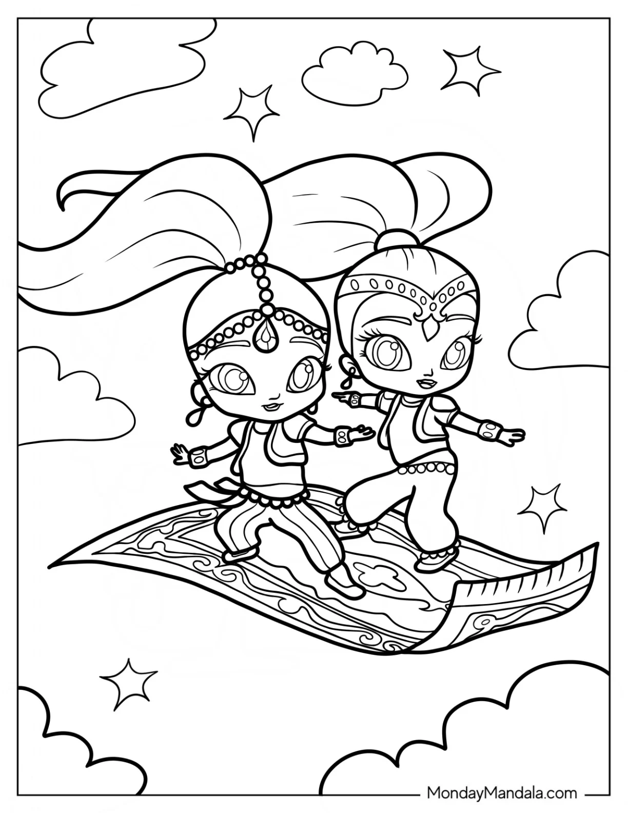 Shimmer And Shine Coloring Page Balancing On A Magic Carpet coloring page