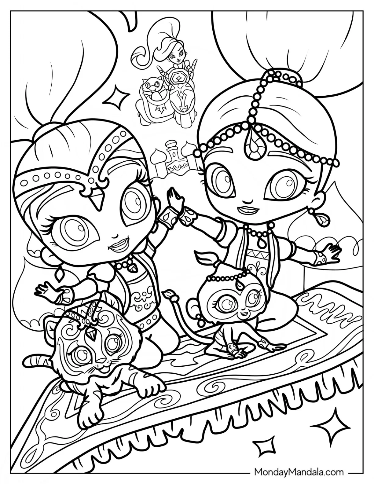 Shimmer And Shine Coloring Page Nahal, And Nazboo On A Magic Carpet With Zeta In The Background coloring page