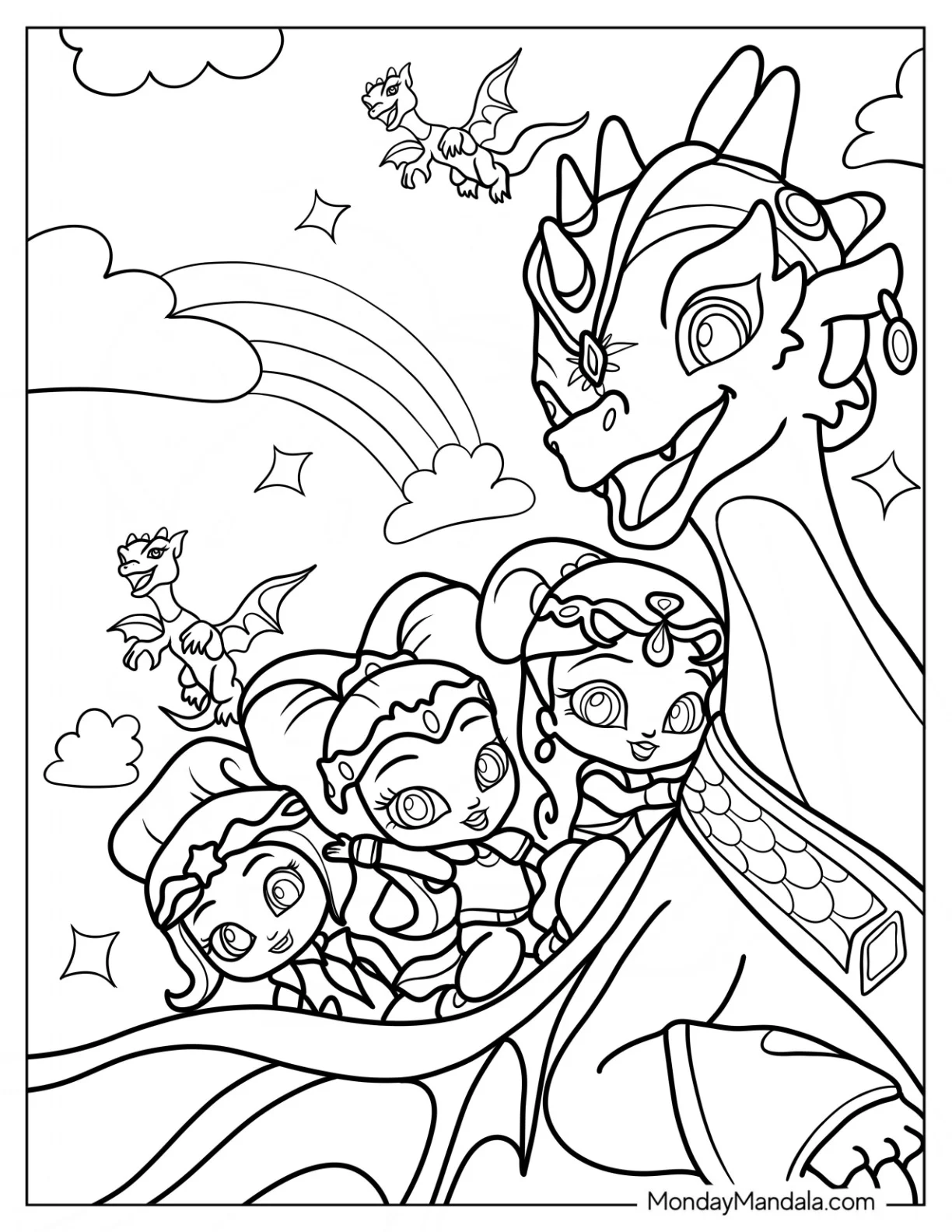 Shimmer And Shine Coloring Page Of And Leah Riding A Dragon coloring page — printable line art