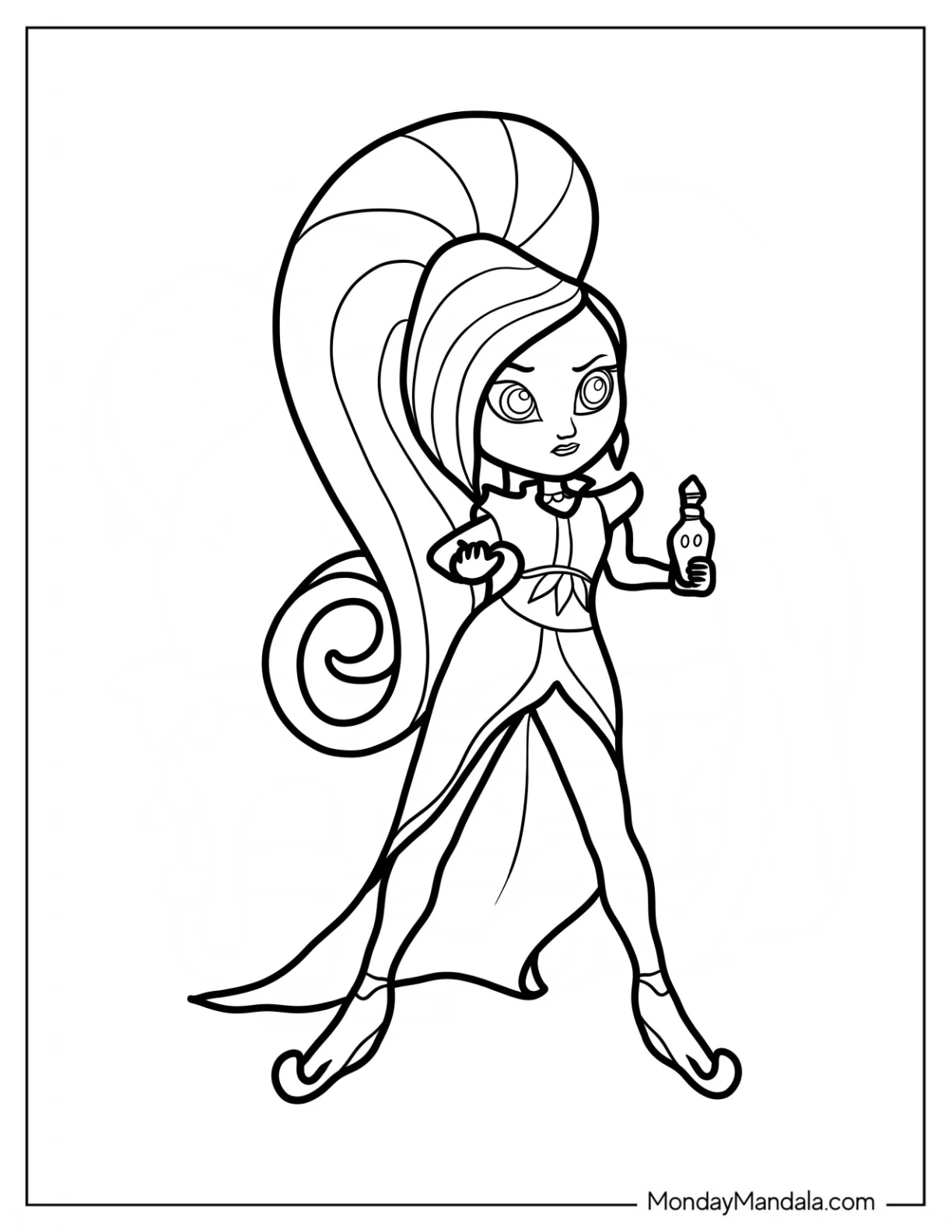 Shimmer And Shine Coloring Page Of Zeta The Sorceress Holding Potion coloring page — printable line art