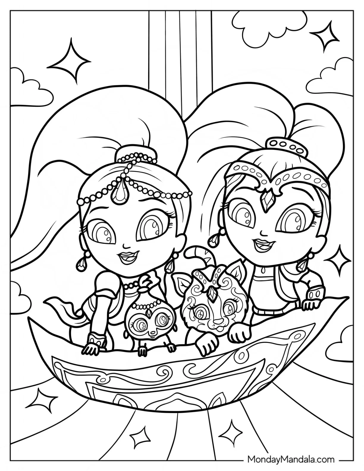 Shimmer And Shine Coloring Page Tahal, And Nala Riding A Magic Carpet coloring page
