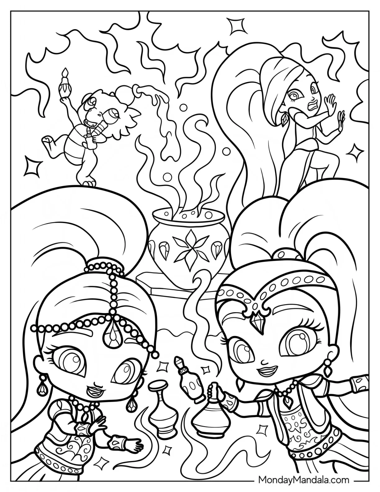 Shimmer And Shine Coloring Page With Smoking Cauldron At The Back With Zeta And Nazboo coloring page — printable line art