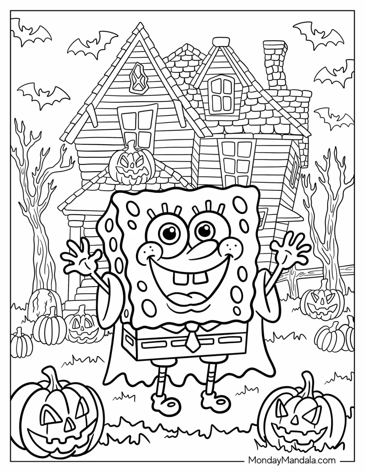 Adorable SpongeBob Coloring Page In Front Of Haunted House coloring page