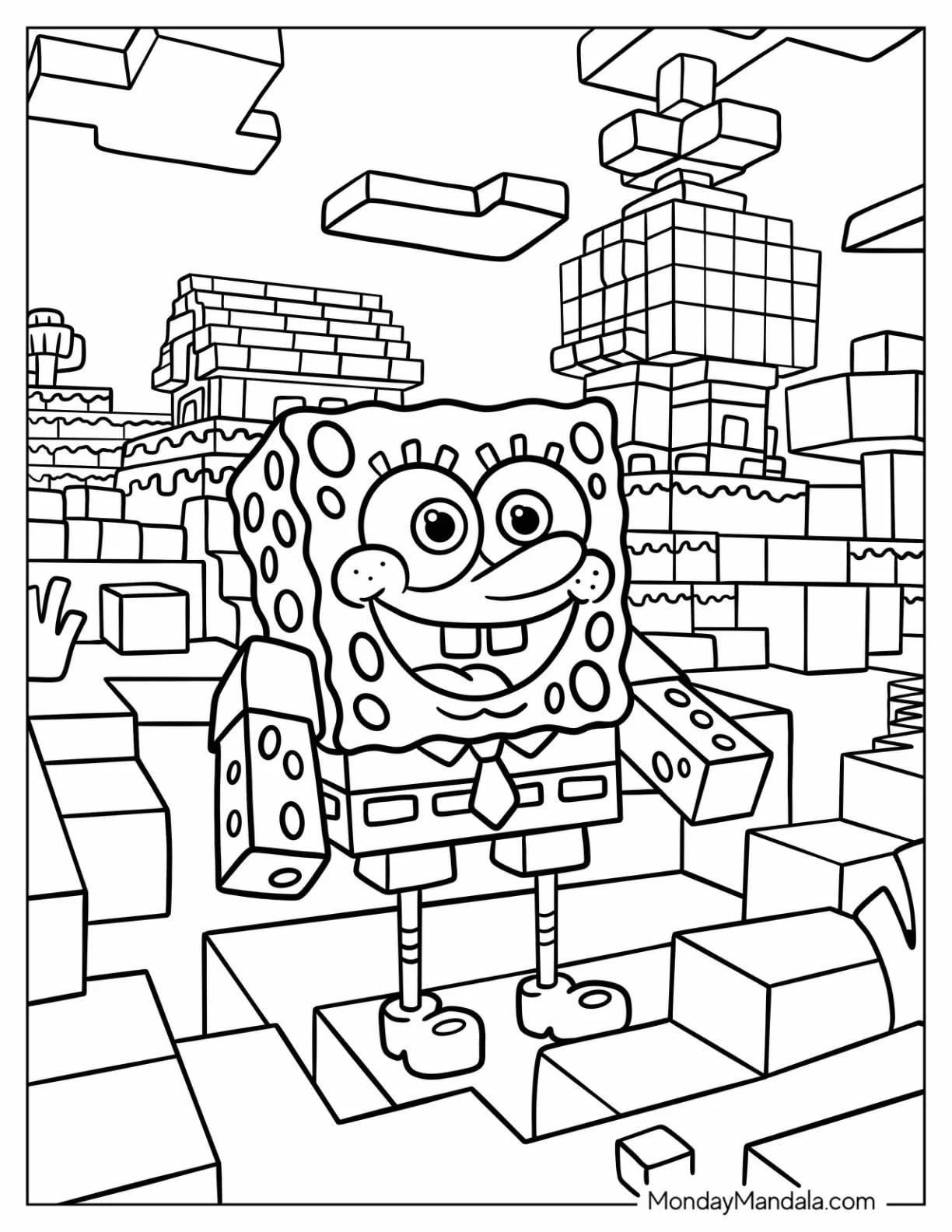 Detailed Minecraft SpongeBob Coloring Page coloring page — printable line art