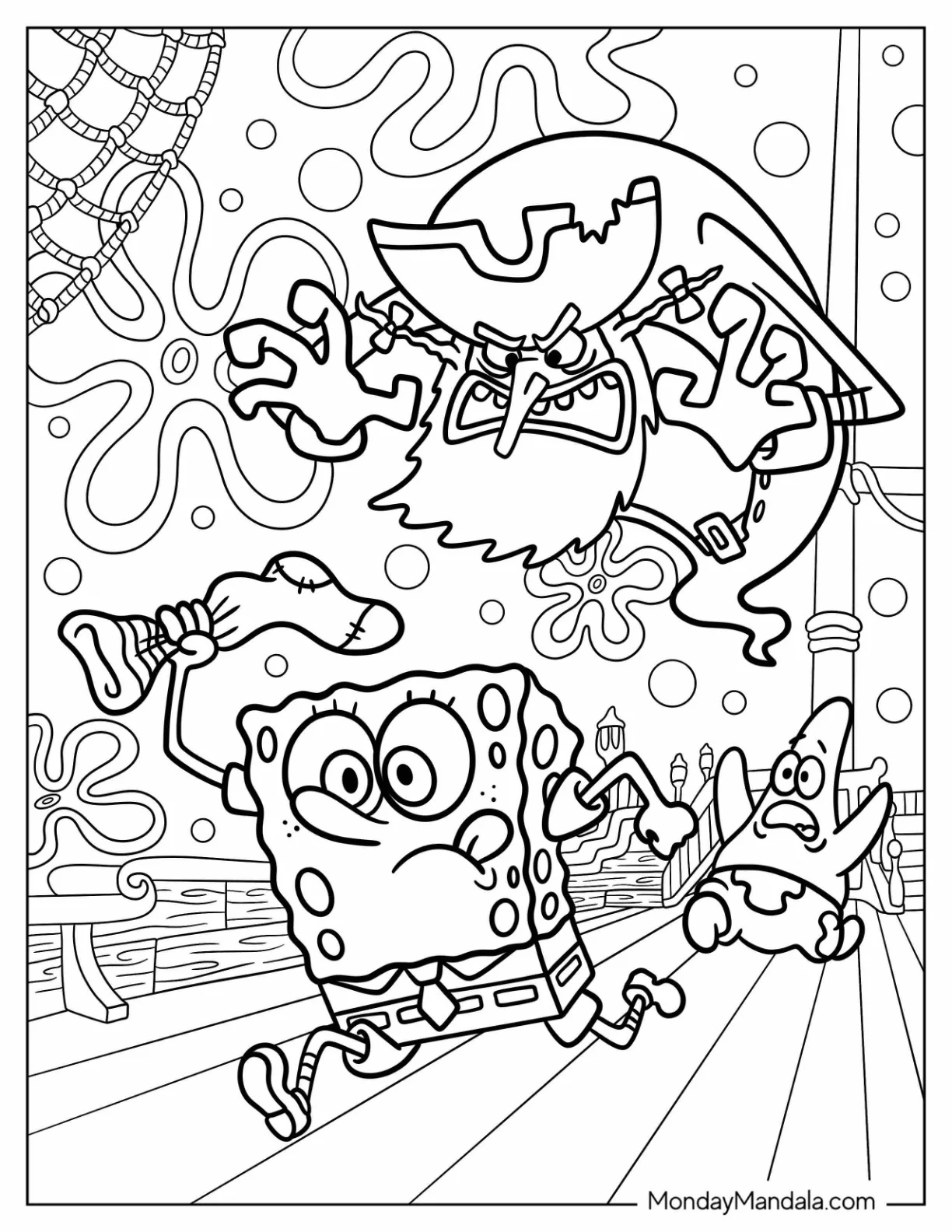 Flying Dutchman Chasing SpongeBob Coloring Page And Patrick Star coloring page — printable line art