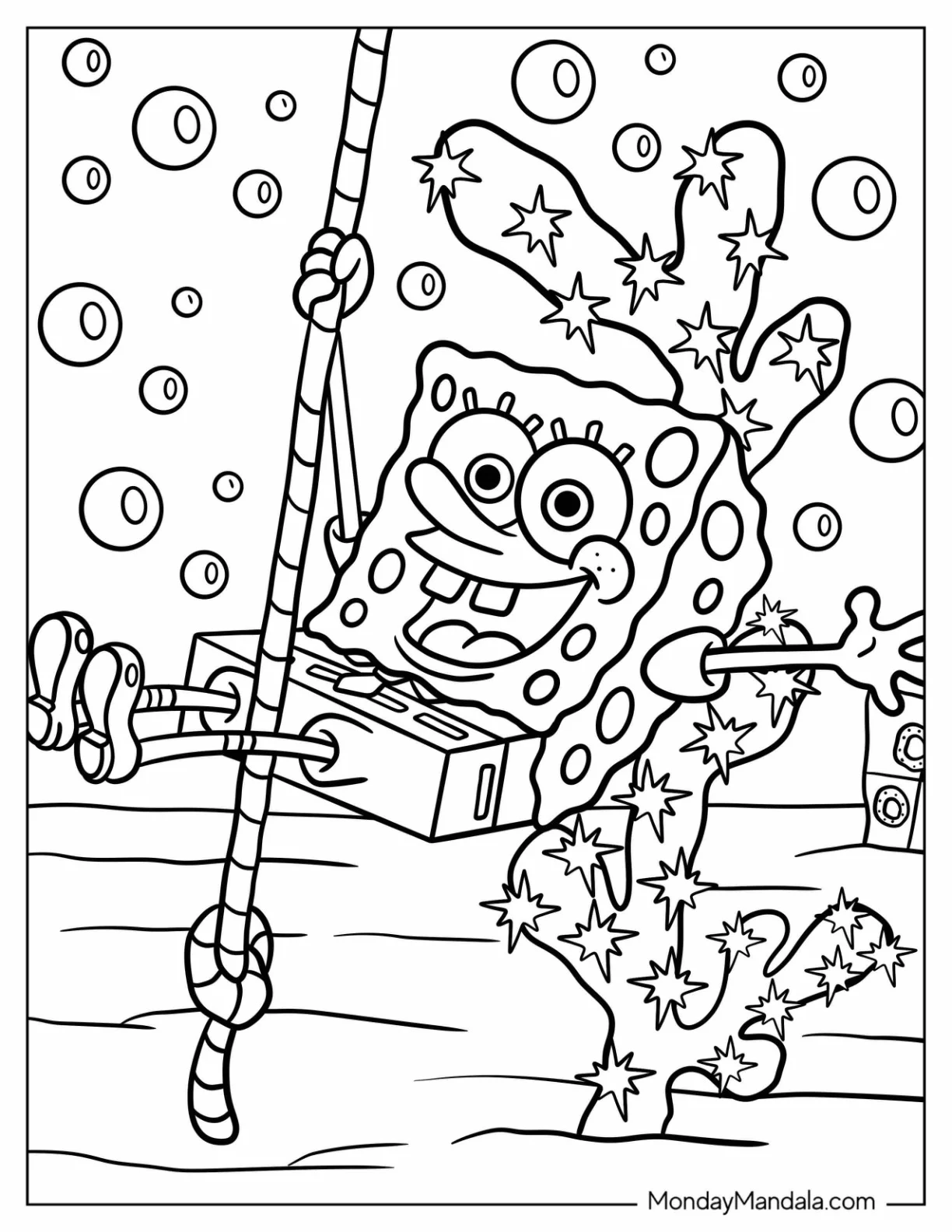 Fun SpongeBob Coloring Page Swinging From A Rope coloring page — printable line art