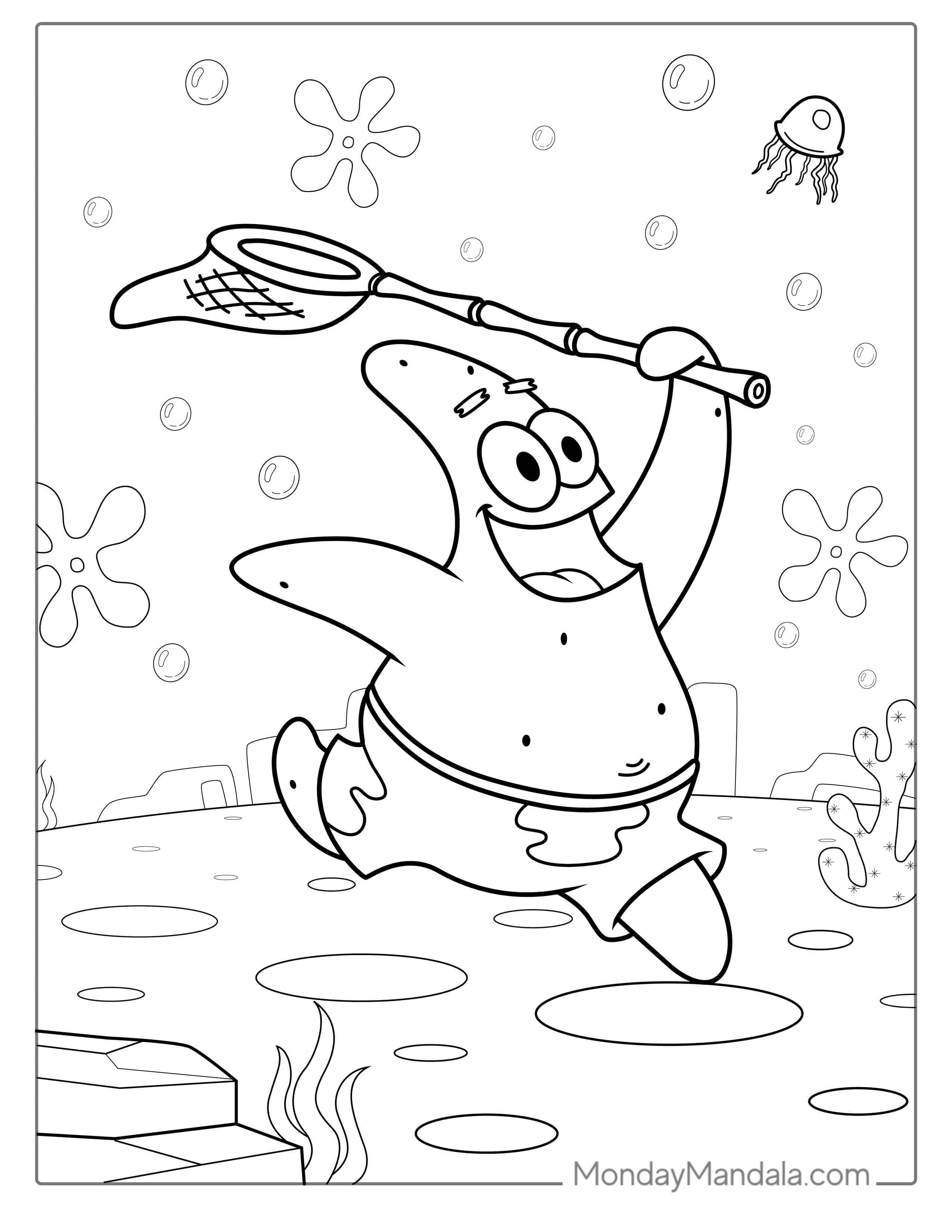 Patrik Catching Jellyfish Coloring Page For Kids coloring page — printable line art
