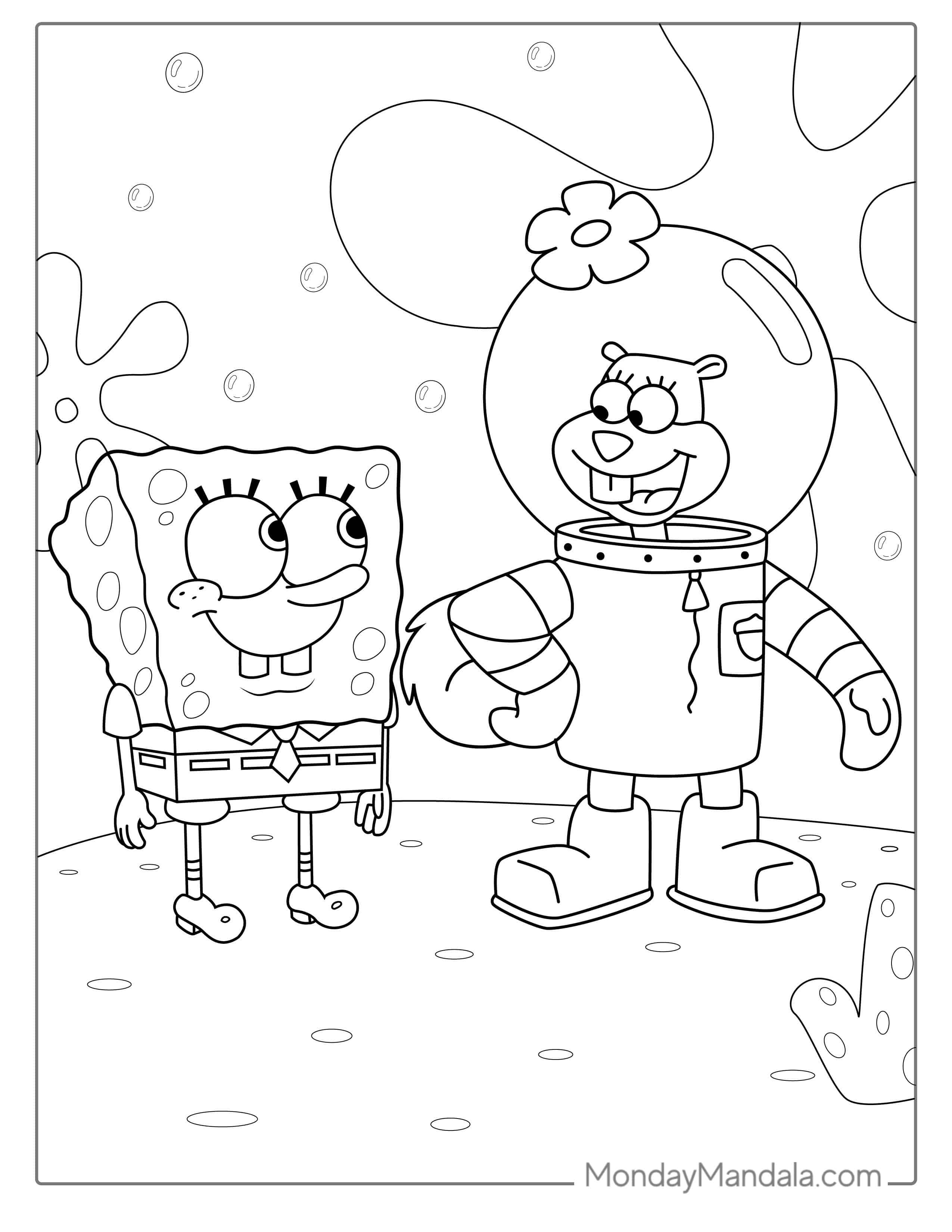 Sandy And SpongeBob Playing Together coloring page — printable line art