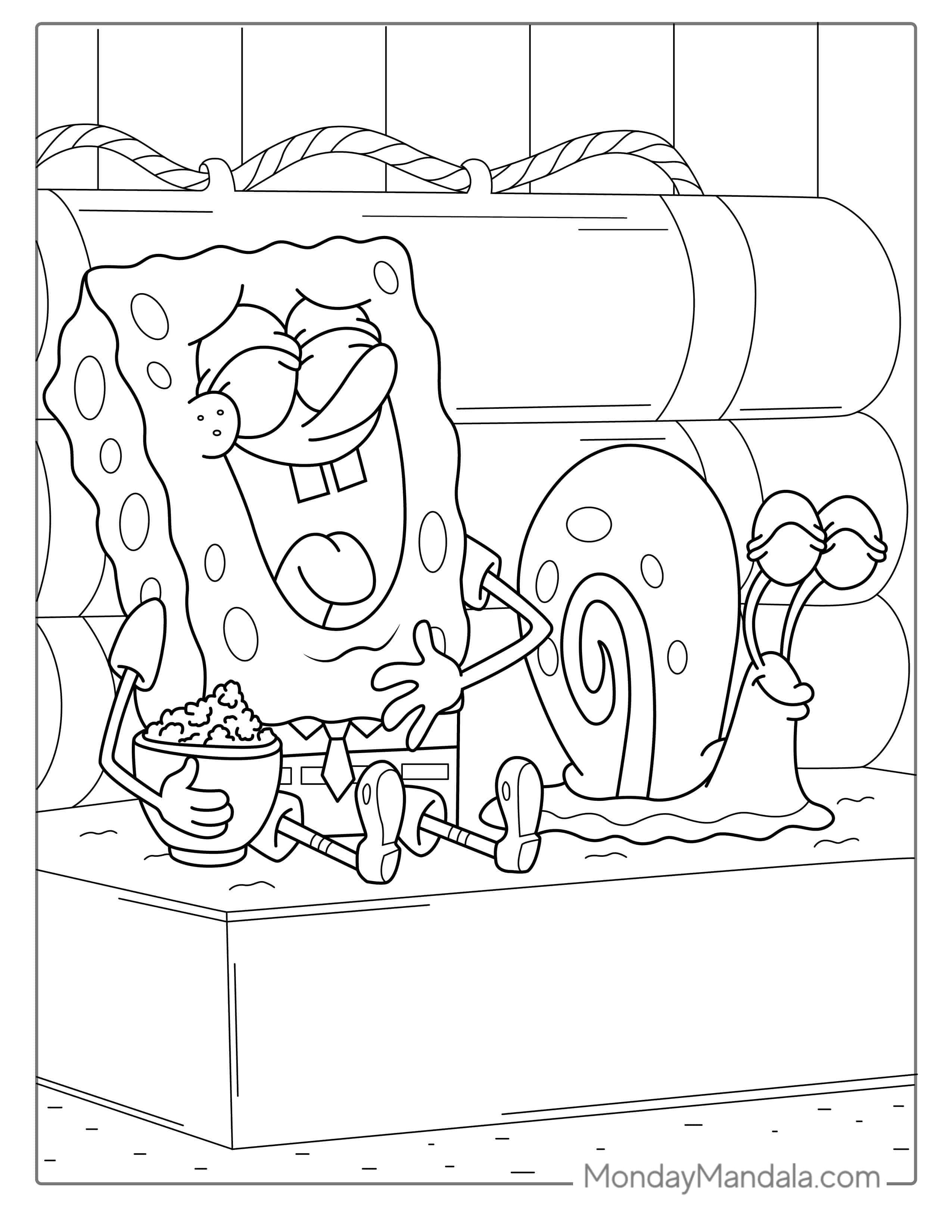SpongeBob And Garry The Snail Laughing coloring page — printable line art