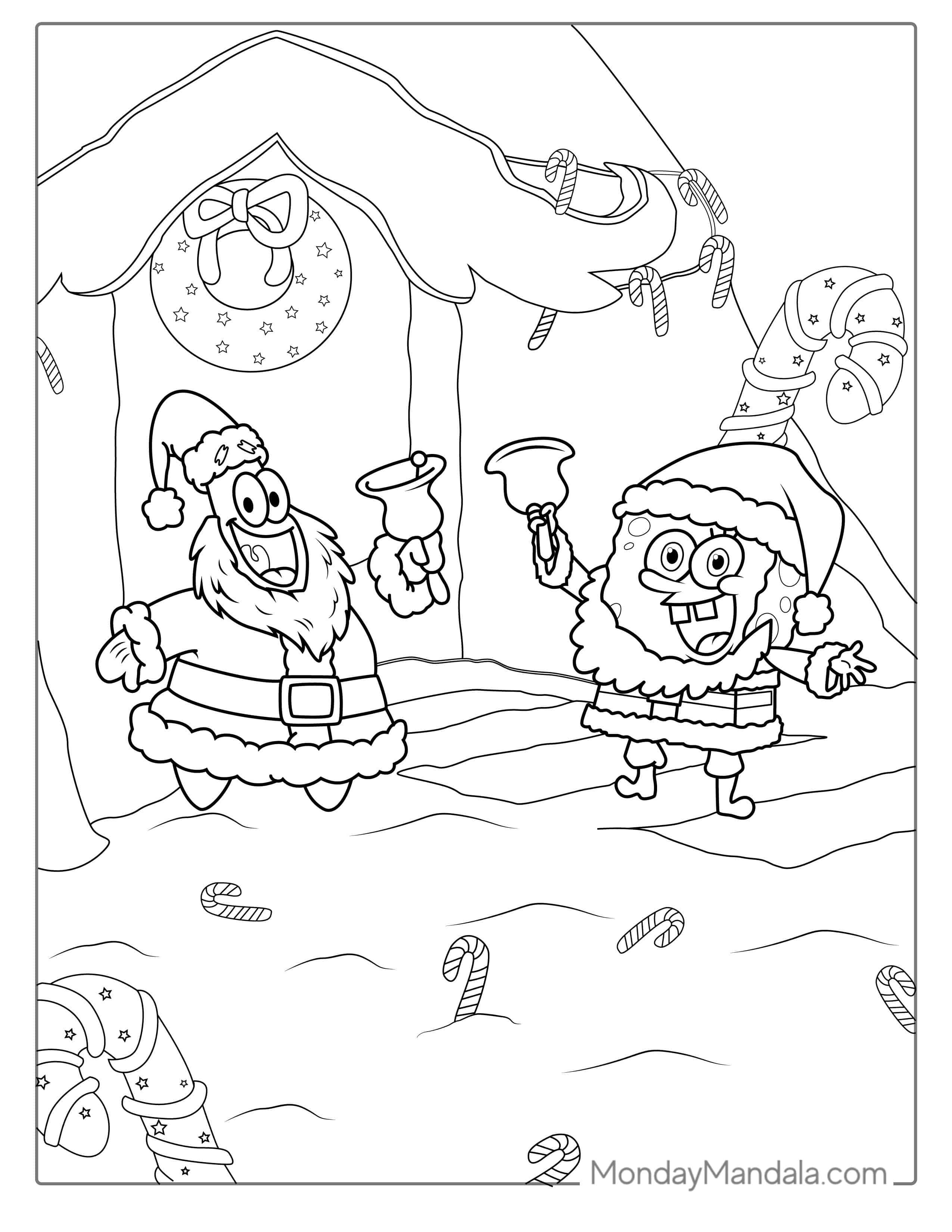SpongeBob And Patrik Dressed Up As Santa For Christmas coloring page — printable line art