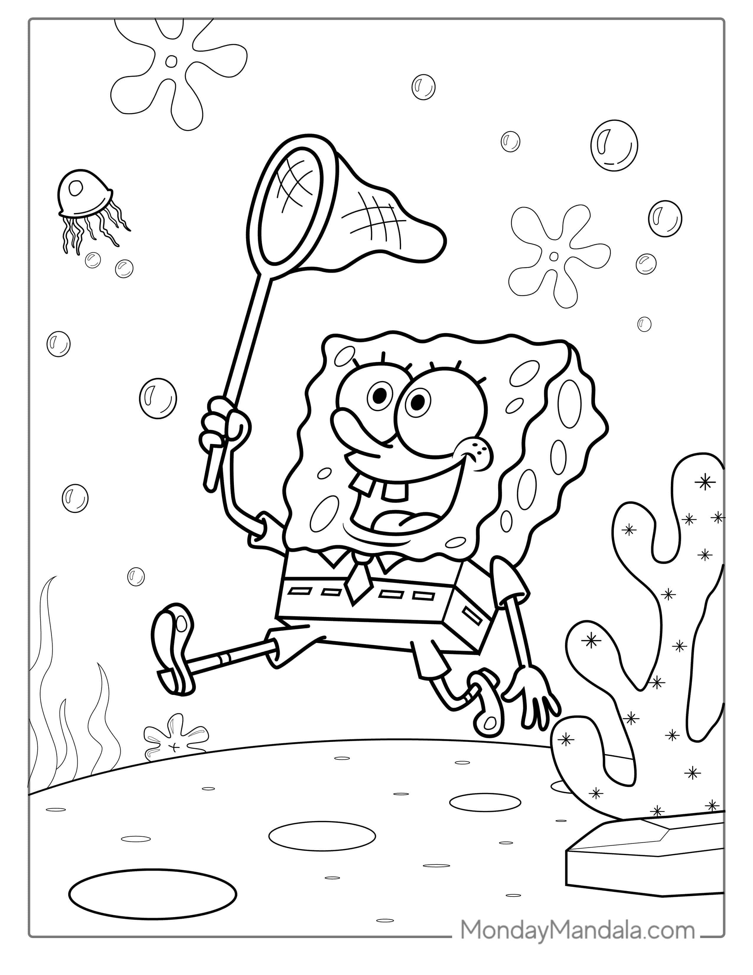 SpongeBob Catching Jellyfish With Net To Color coloring page — printable line art