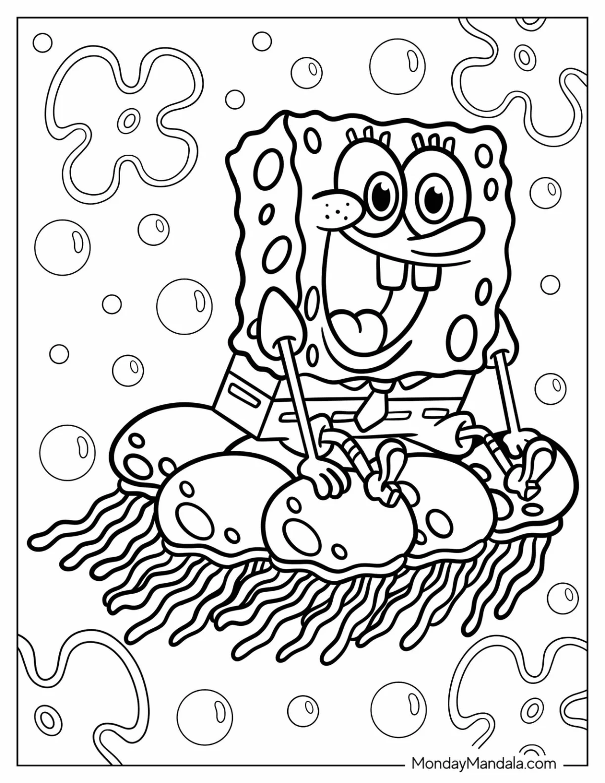 SpongeBob Coloring Page Sitting On Jellyfishes coloring page — printable line art