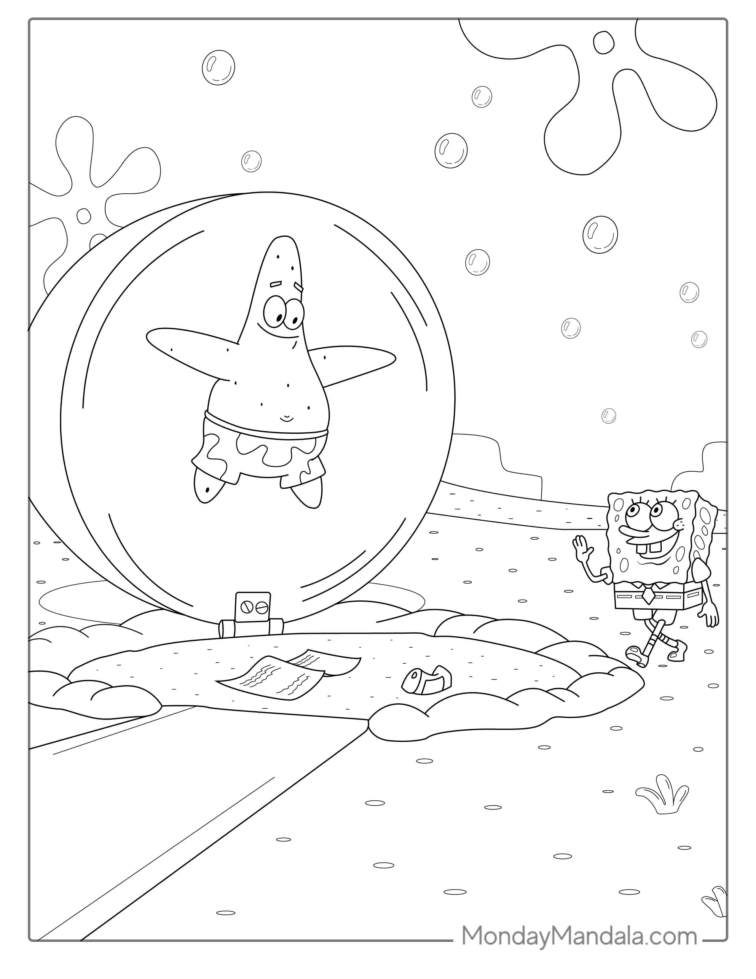 SpongeBob Saying Hello To Patrik Under His Rock coloring page — printable line art