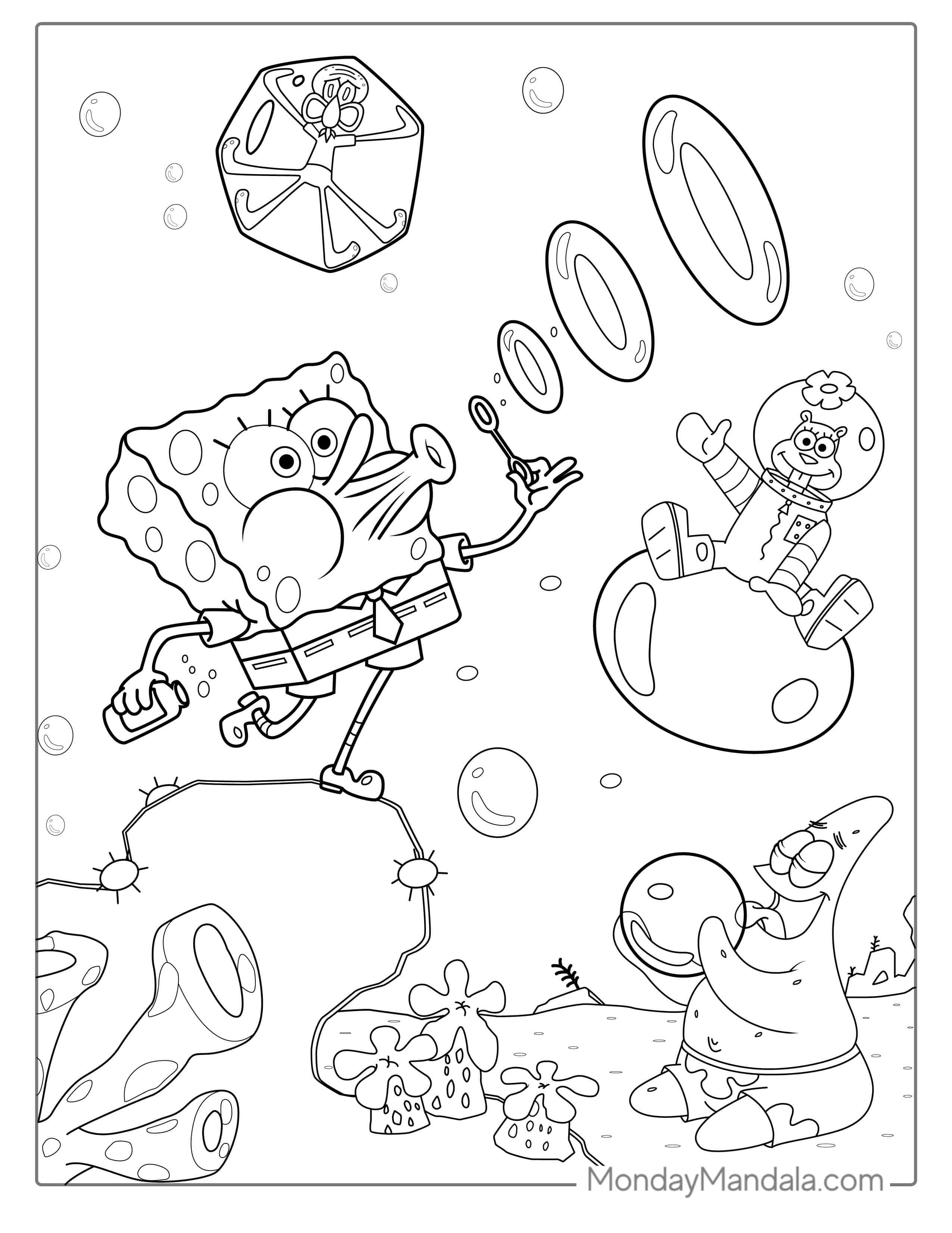 SpongeBob With Patrik, Squidward And Sandy To Color coloring page — printable line art
