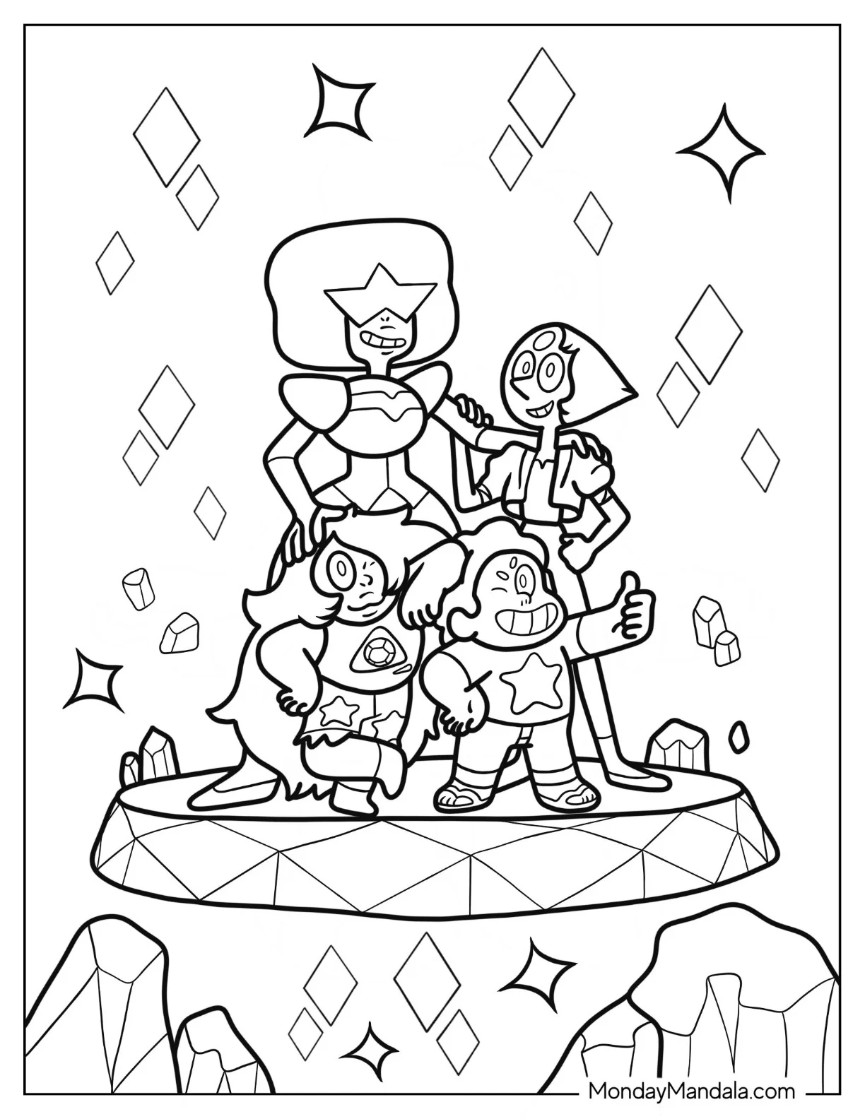 Cute Steven Universe Coloring Page On Podium With Garnet, Pearl, And Amethyst For Kids coloring page