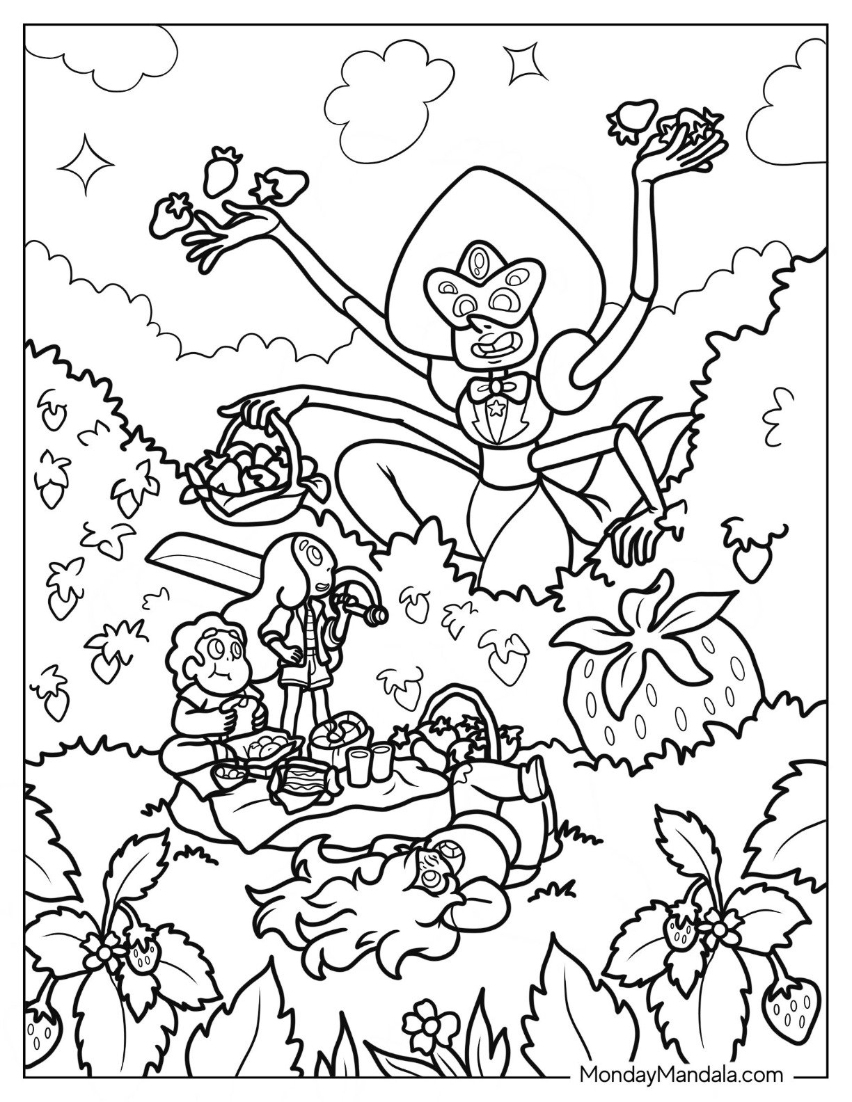 Detailed Steven Universe Coloring Page With Connie, Sardonyx, And Amethyst Having Picnic coloring page