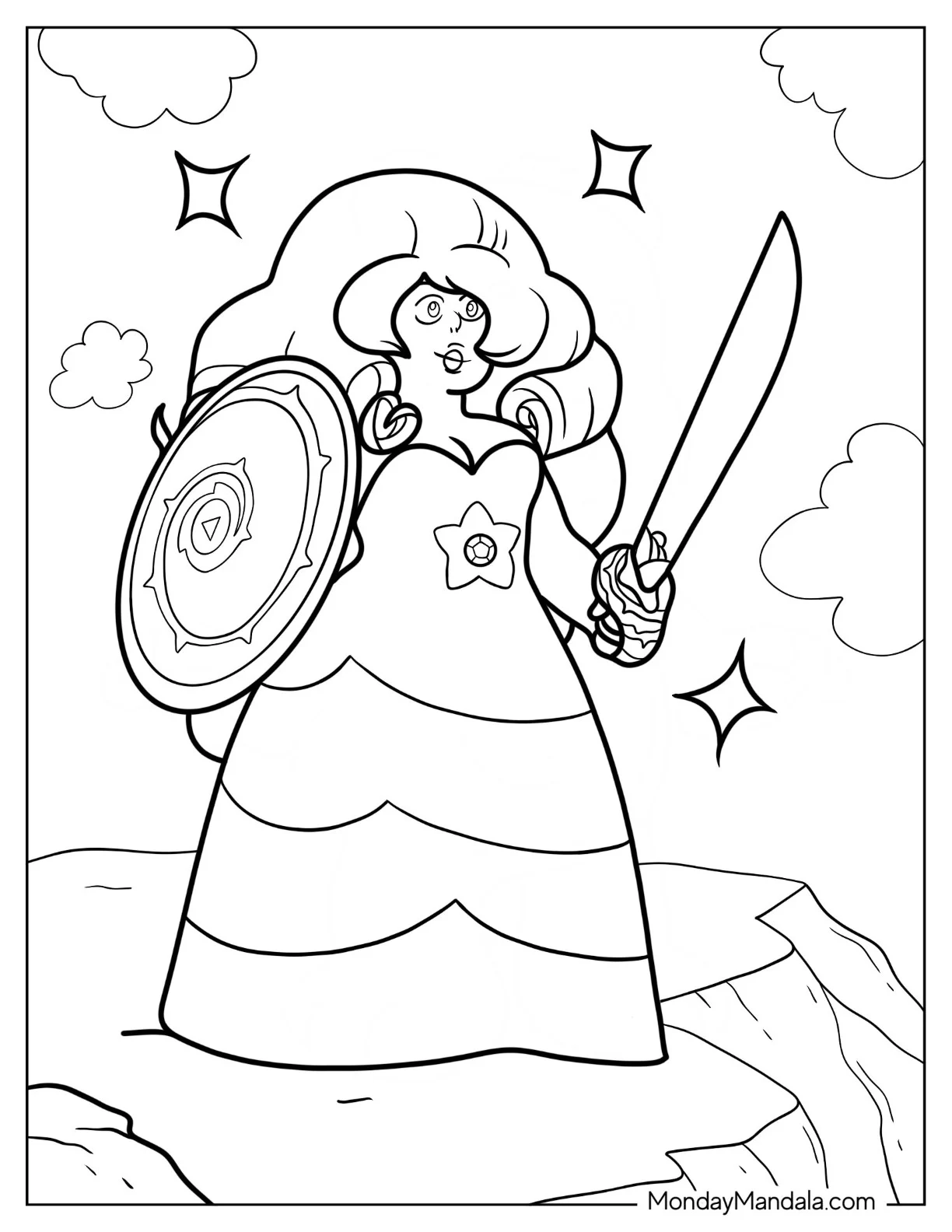 Steven Universe Coloring Page Of Cute Rose Quartz Holding Sword And Shield For Kids coloring page — printable line art