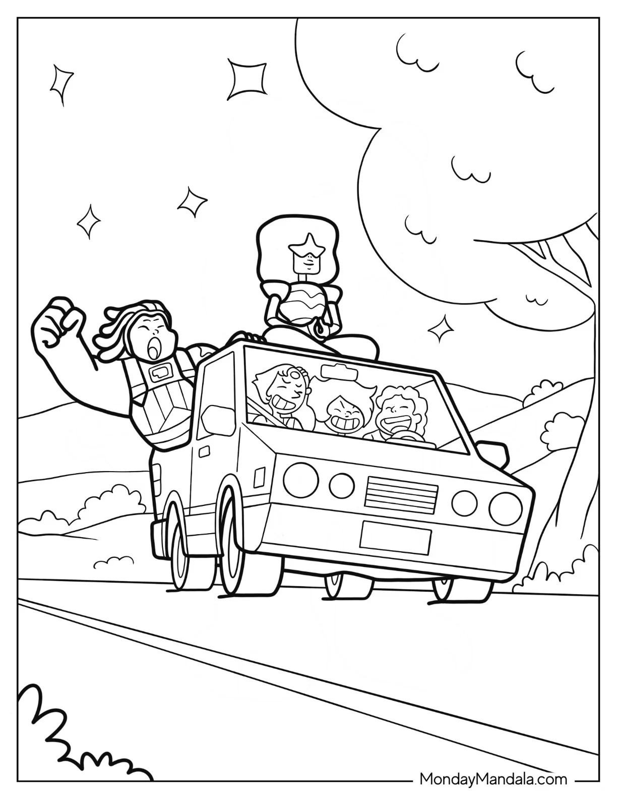 Steven Universe Coloring Page Of Driving Car With Pearl, Amethyst, Bismuth, And Garnet coloring page
