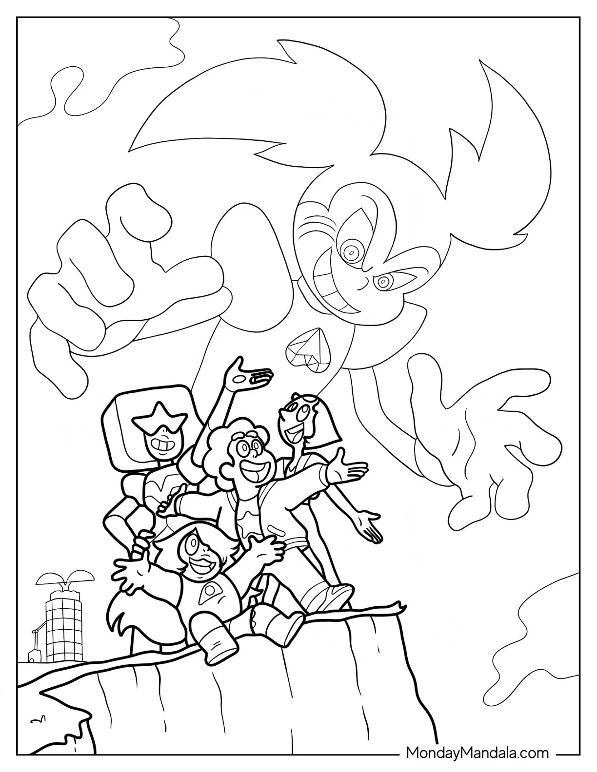 Steven Universe Coloring Page Of Garnet, Amethyst, And Pearl On Cliff with Spinel In The Background coloring page