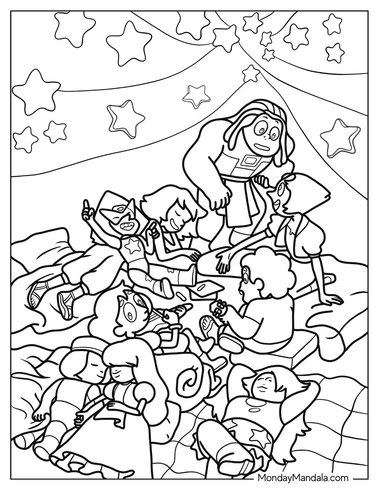 Steven Universe Coloring Page Of Glamping With Peridot, Amethyst, Pearl, Connie, Bismuth, Lapis Lazuli, Ruby, And Sapphire coloring page