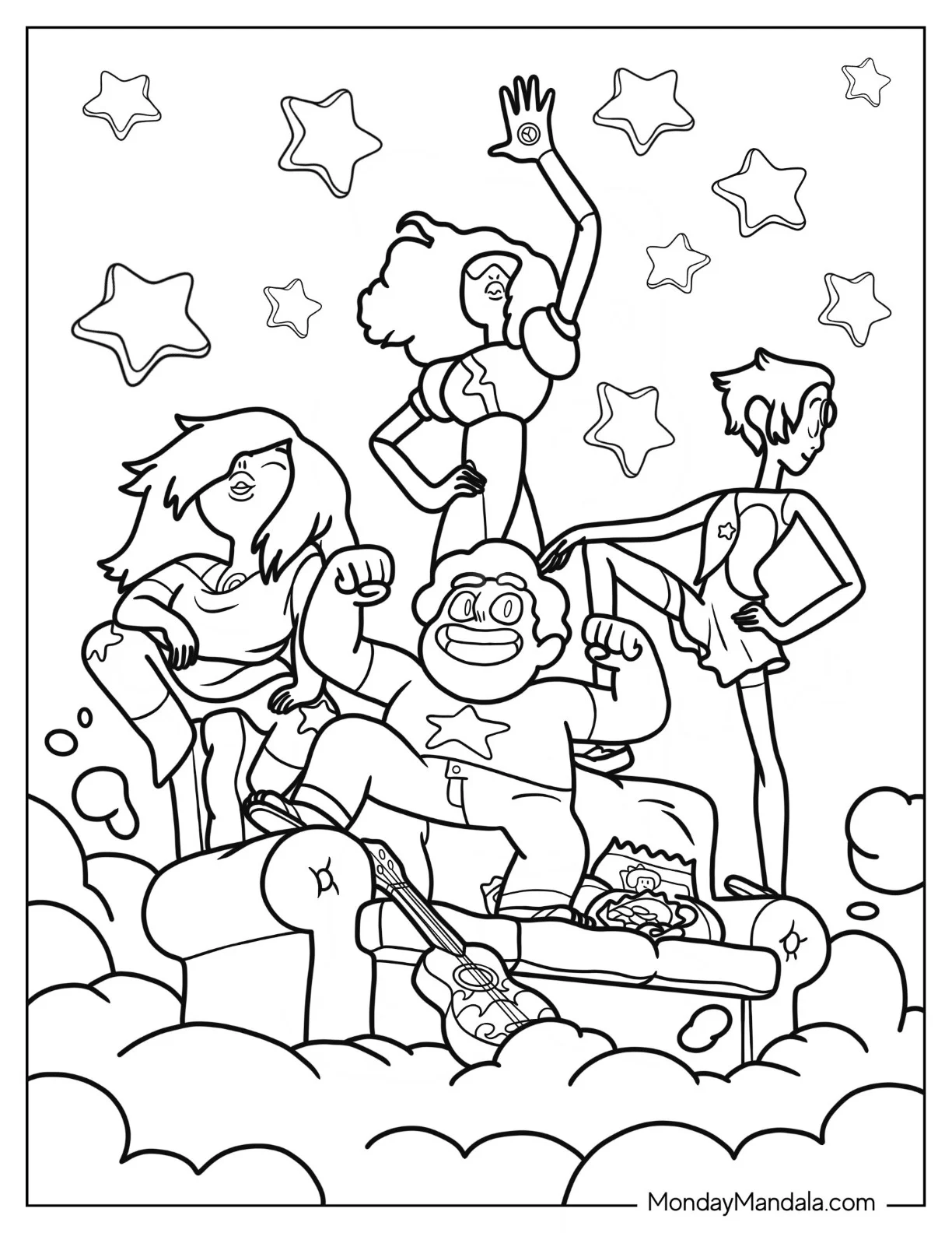 Steven Universe Coloring Page Of Posing On Couch With Amethyst, Pearl, And Garnet coloring page