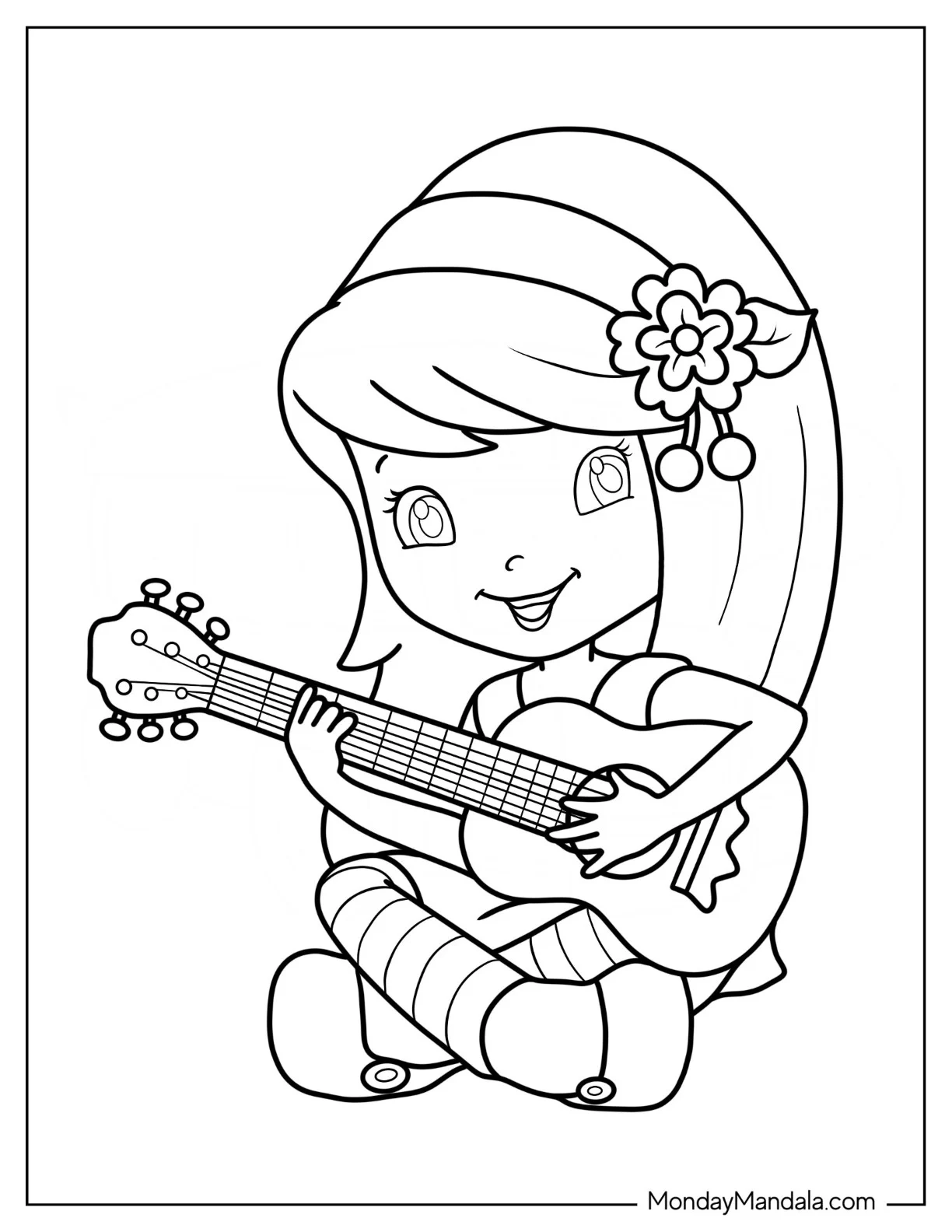 Strawberry Shortcake Coloring Page of Cherry Jam Playing Guitar coloring page — printable line art